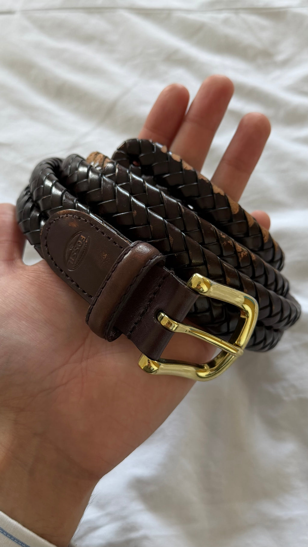 Fossil 1990s Gold Buckle Braided Leather Belt Brown - One Size