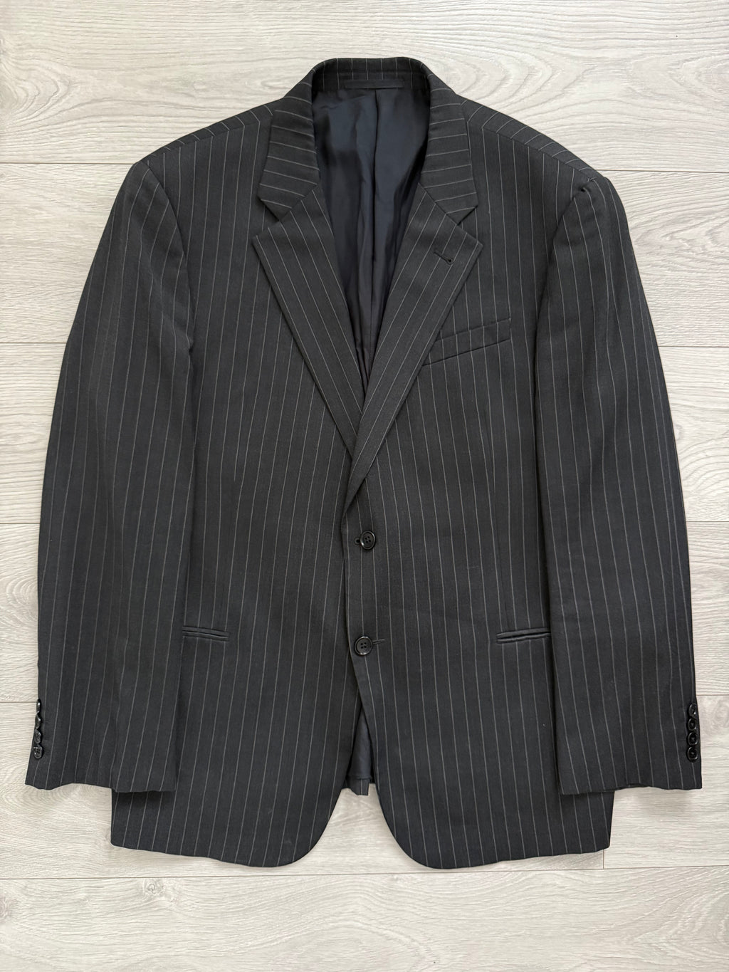 Armani 1990s 2B Charcoal Grey Striped Wool Suit - Size XXL Jacket / 38" Waist