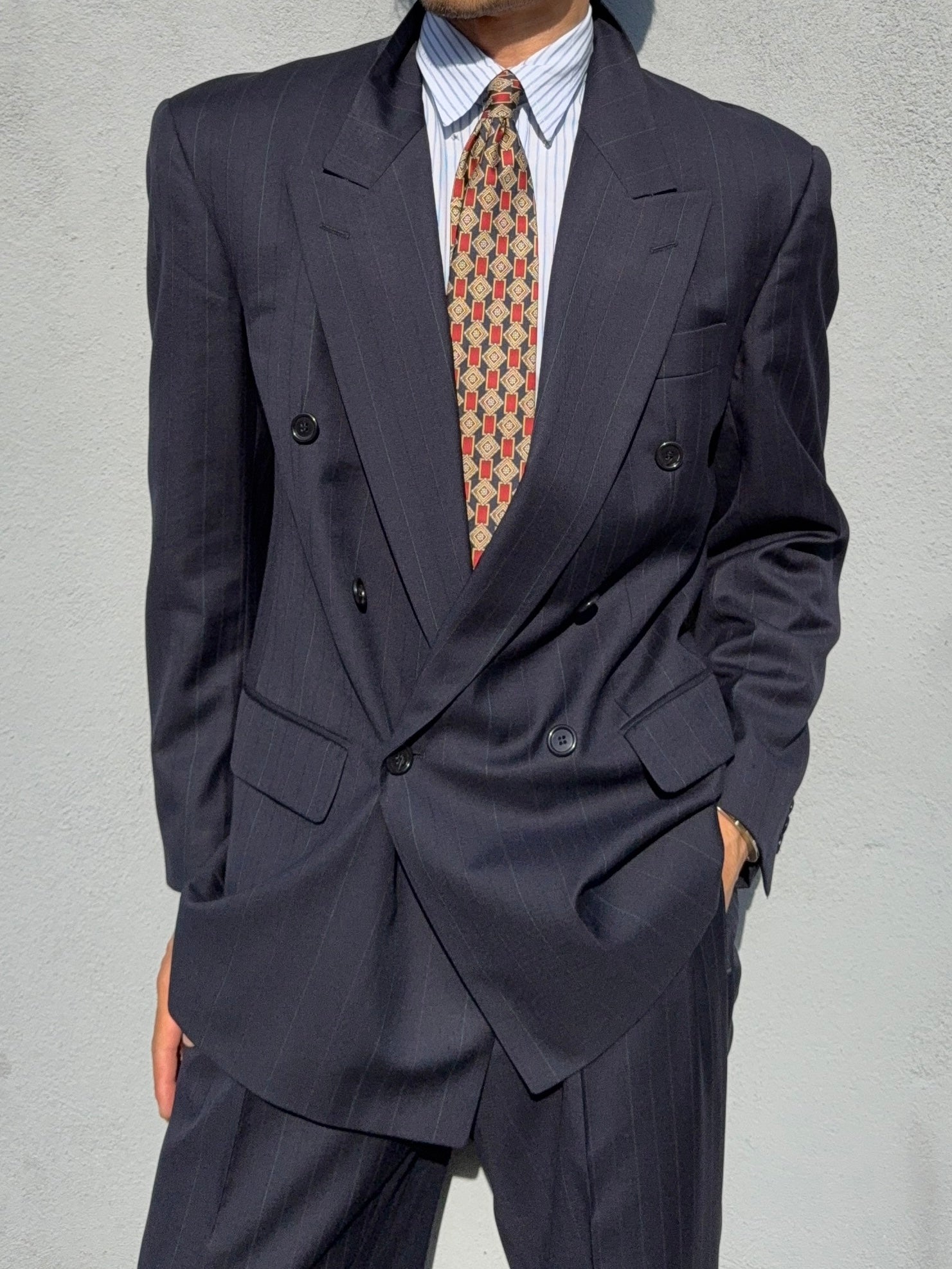 Hugo Boss 1980s 'Mitford' Peaked Lapel Double Breasted Pleated Wool Suit - Size M Jacket / 32" Waist
