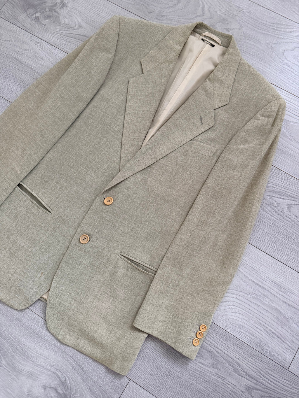 Giorgio Armani Black Label 1990s 2B Pleated Rayon Wool Draped Suit Taupe Beige - Size S Jacket / 29" Waist
