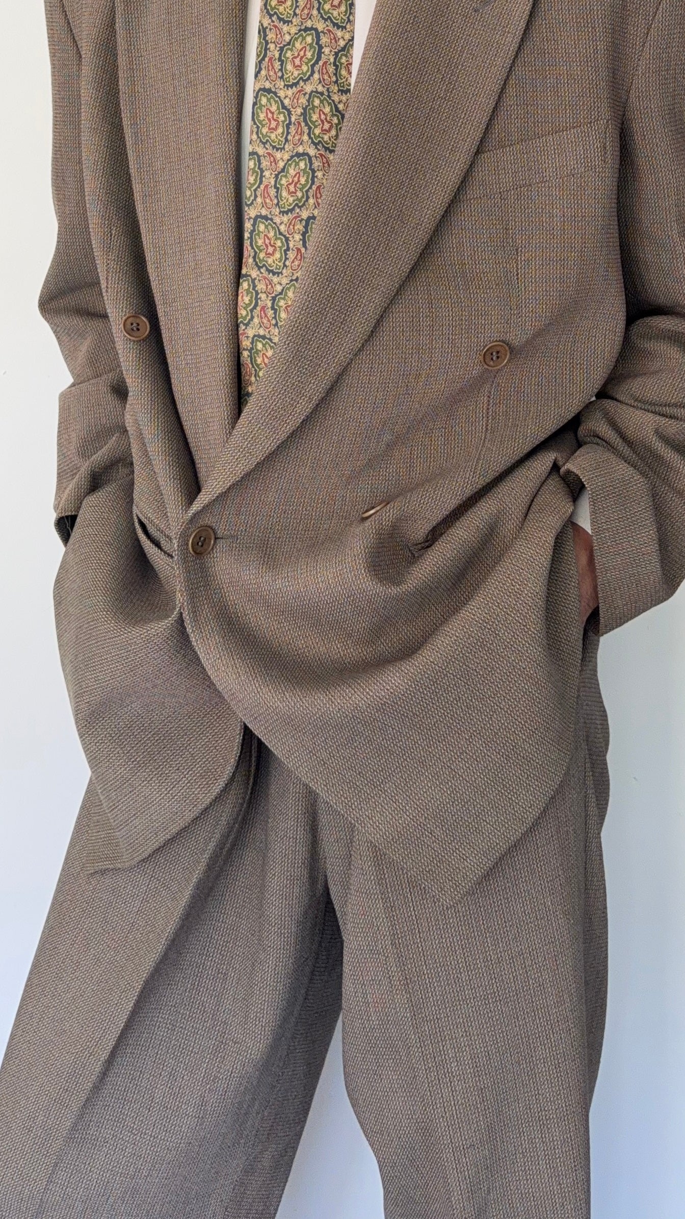 Emporio Armani 1990s Peaked Lapel Double Breasted Textured Weave Pleated Wool Suit - Size XL Jacket / 34" Waist