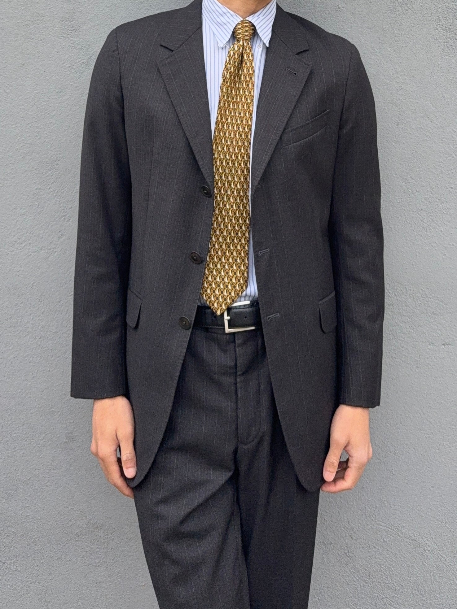 Armani 1990s 3B Grey Striped Pleated Wool Suit - Size S Jacket / 31" Waist