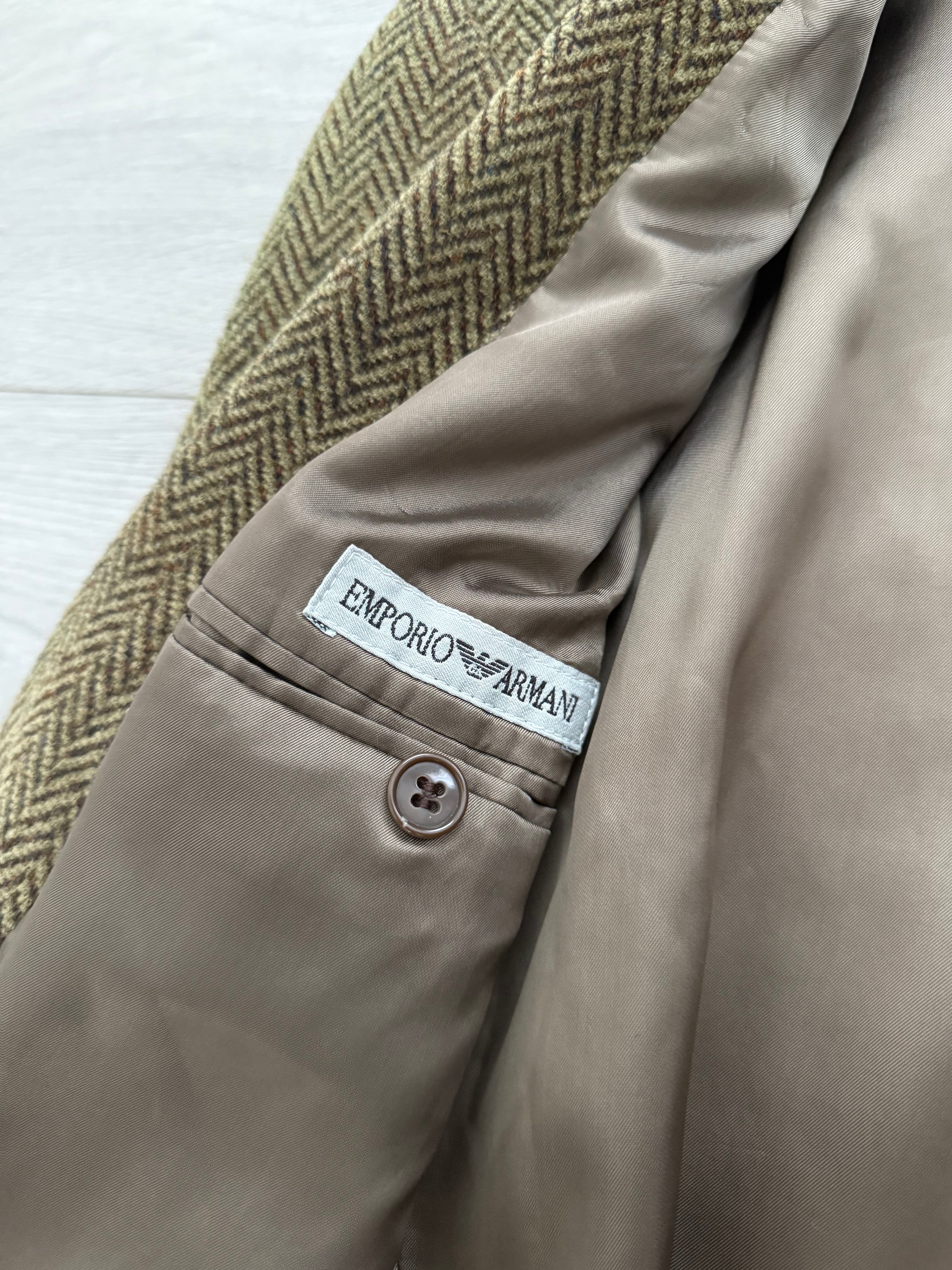 Emporio Armani 1990s 2B Herringbone Wool Textured Green Brown Sports Blazer Jacket - Size M