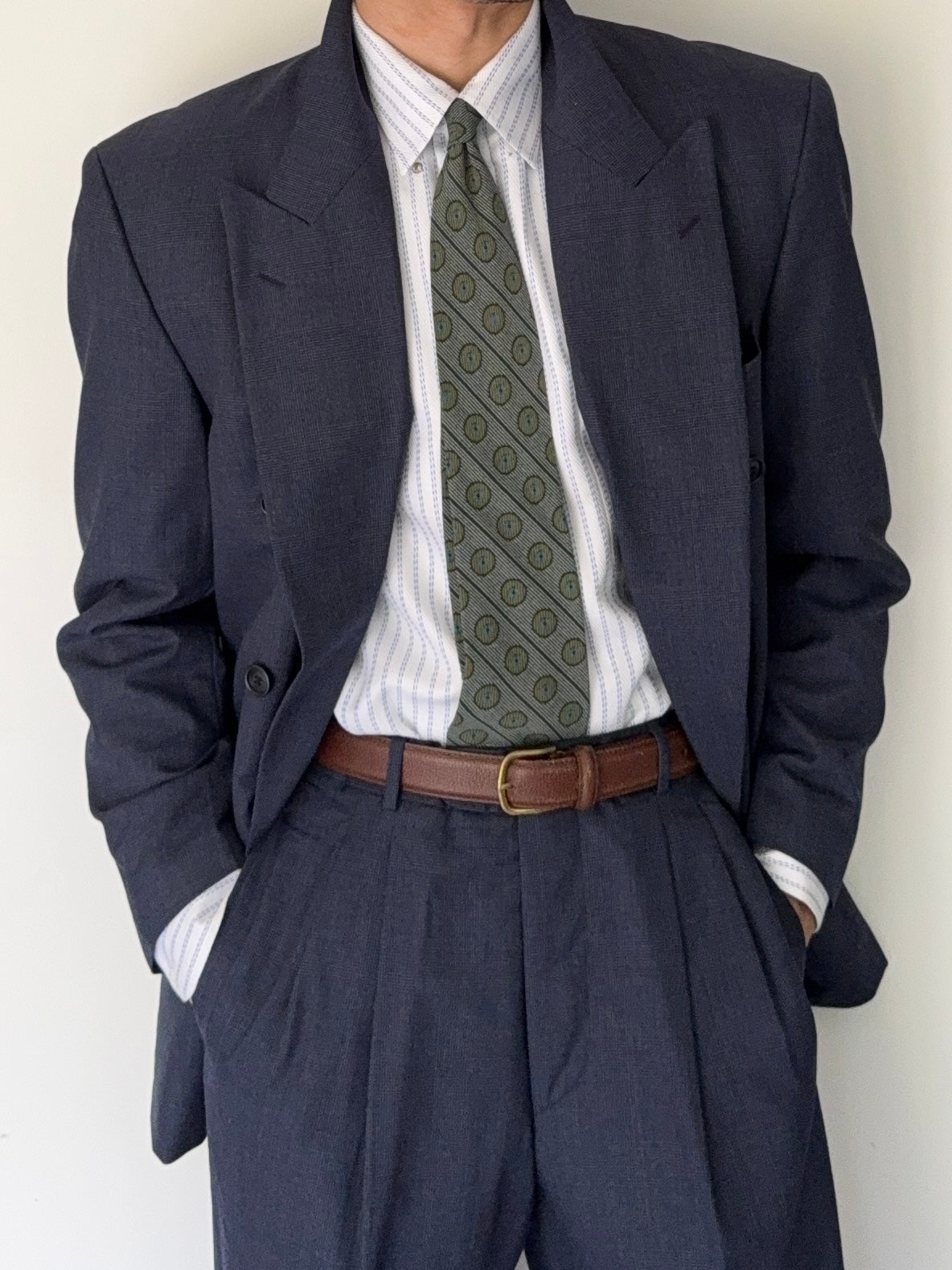 Hugo Boss 1980s 'Al Capone' Double Breasted Pleated Blue Wool Suit - Size M Jacket / 30" Waist