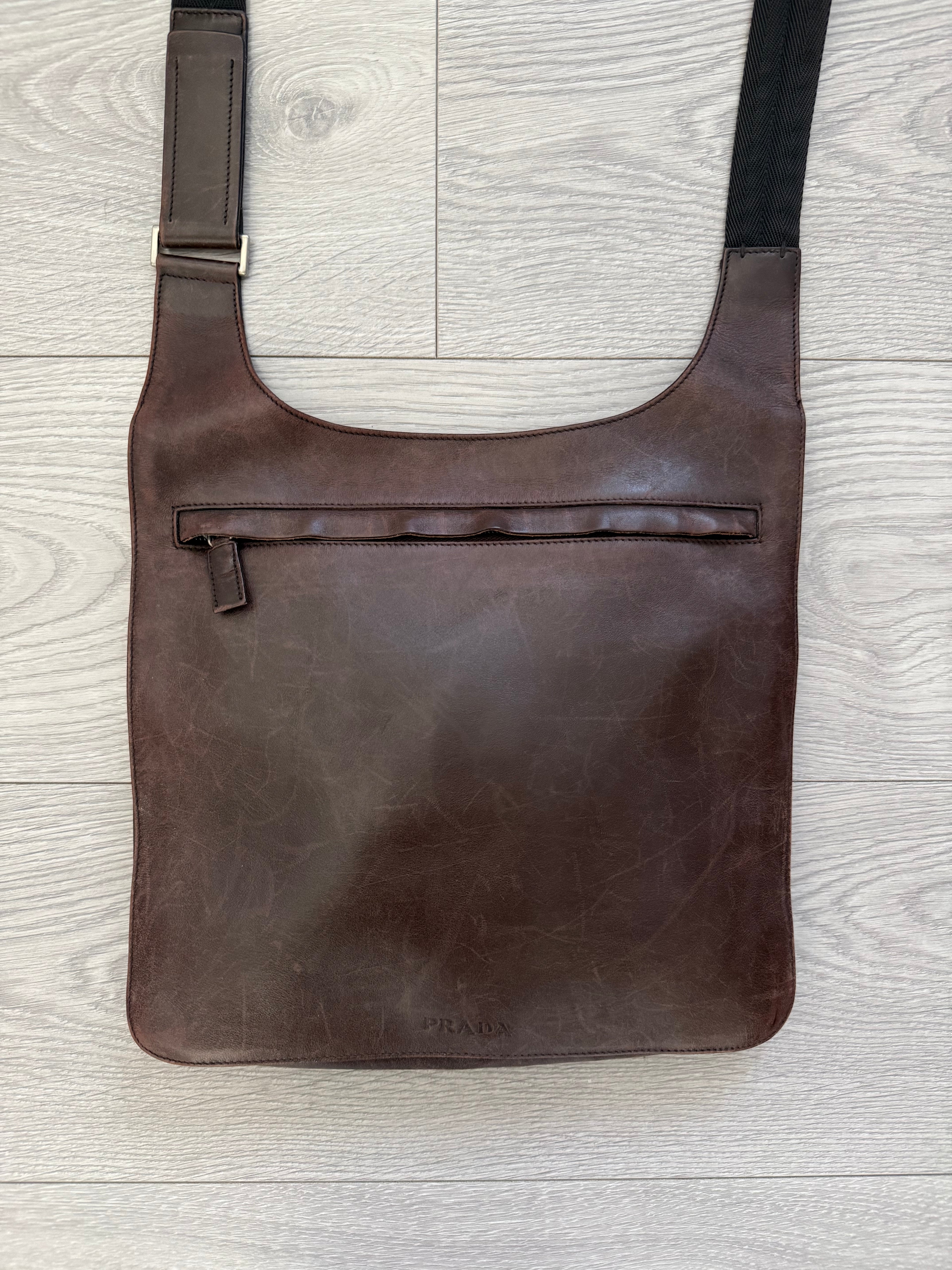 Prada Mainline 1990s Tobacco Brown Aged Leather Crossbody Bag