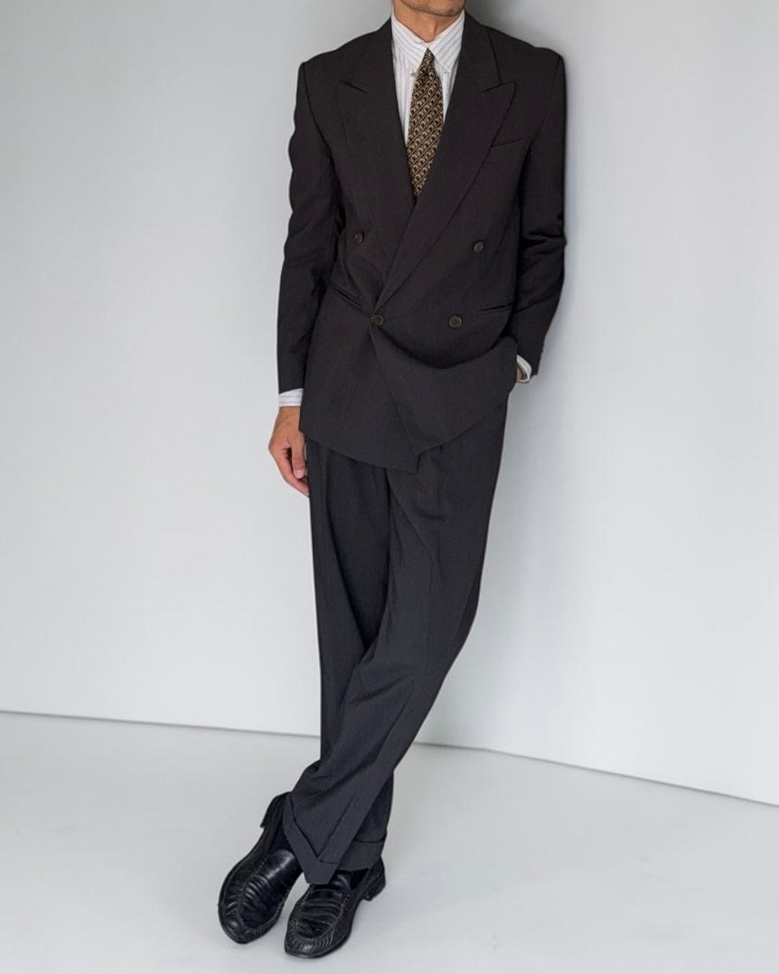 Gianfranco Ferre 1980s Peaked Lapel Double Breasted Pleated Wool Lightweight Suit Grey - Size S Jacket / 29" Waist