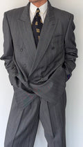 1980s Vintage Peaked Lapel Double Breasted Pleated Wool Textured Suit - Size XXL Jacket / 36" Waist