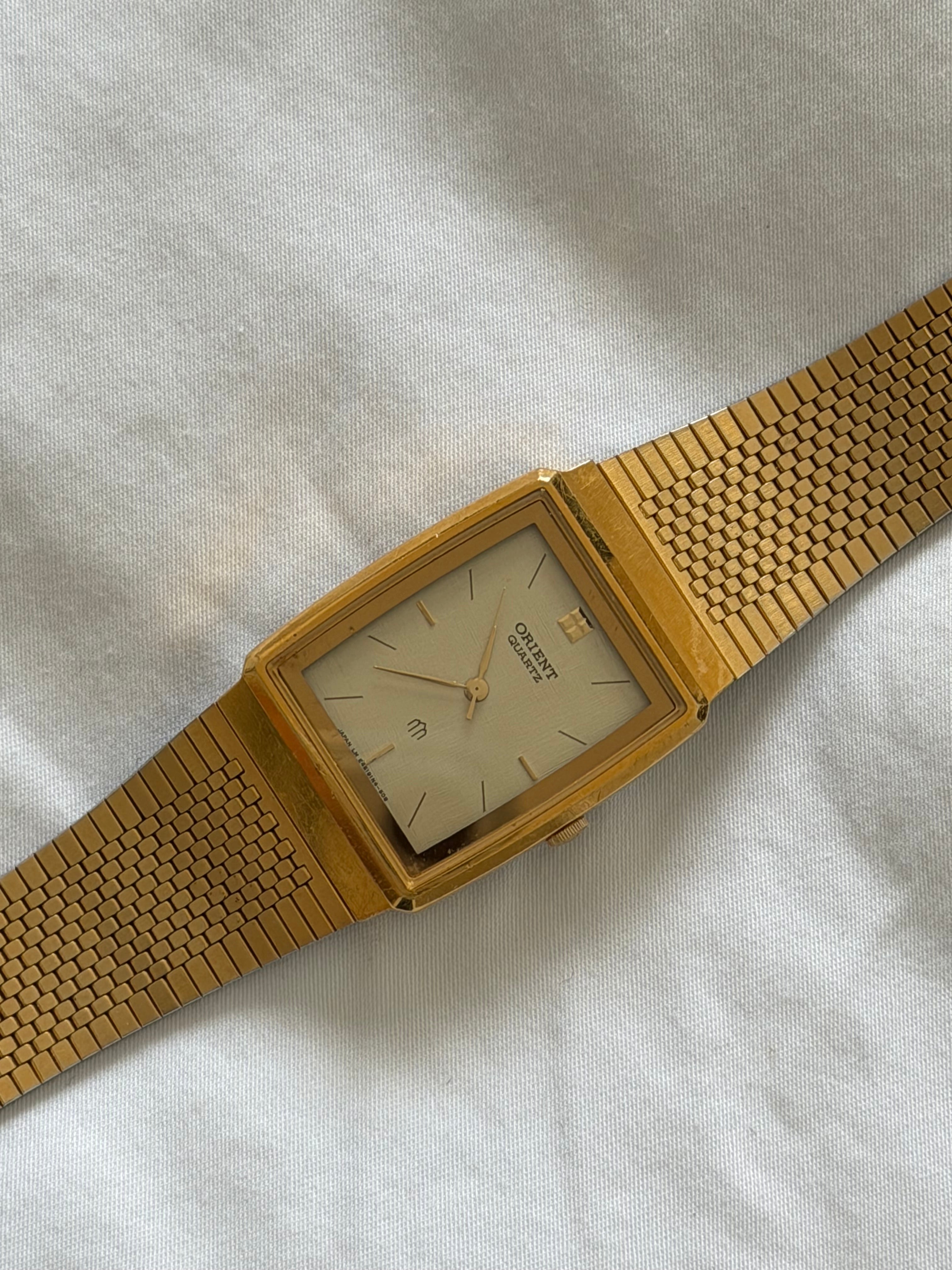 Oreint 1990s 20MM Linen Dial Gold Plated Stainless Steel Watch