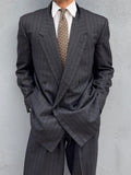 Versace 1980s Notch Lapel Double Breasted Triple Pleat Textured Black Wool Suit - Size M Jacket / 32" Waist