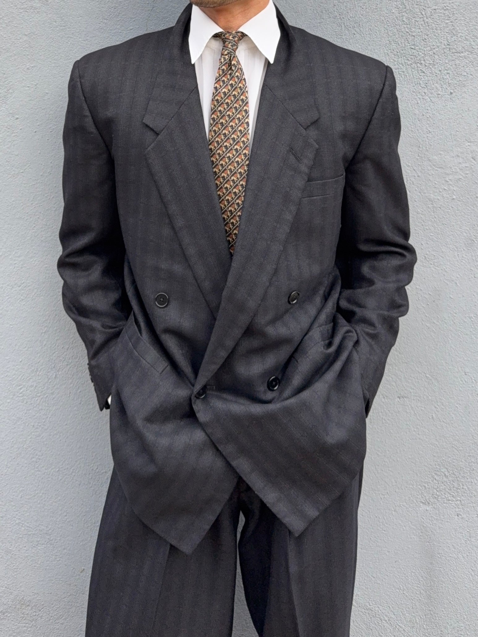 Versace 1980s Notch Lapel Double Breasted Triple Pleat Textured Black Wool Suit - Size M Jacket / 32" Waist
