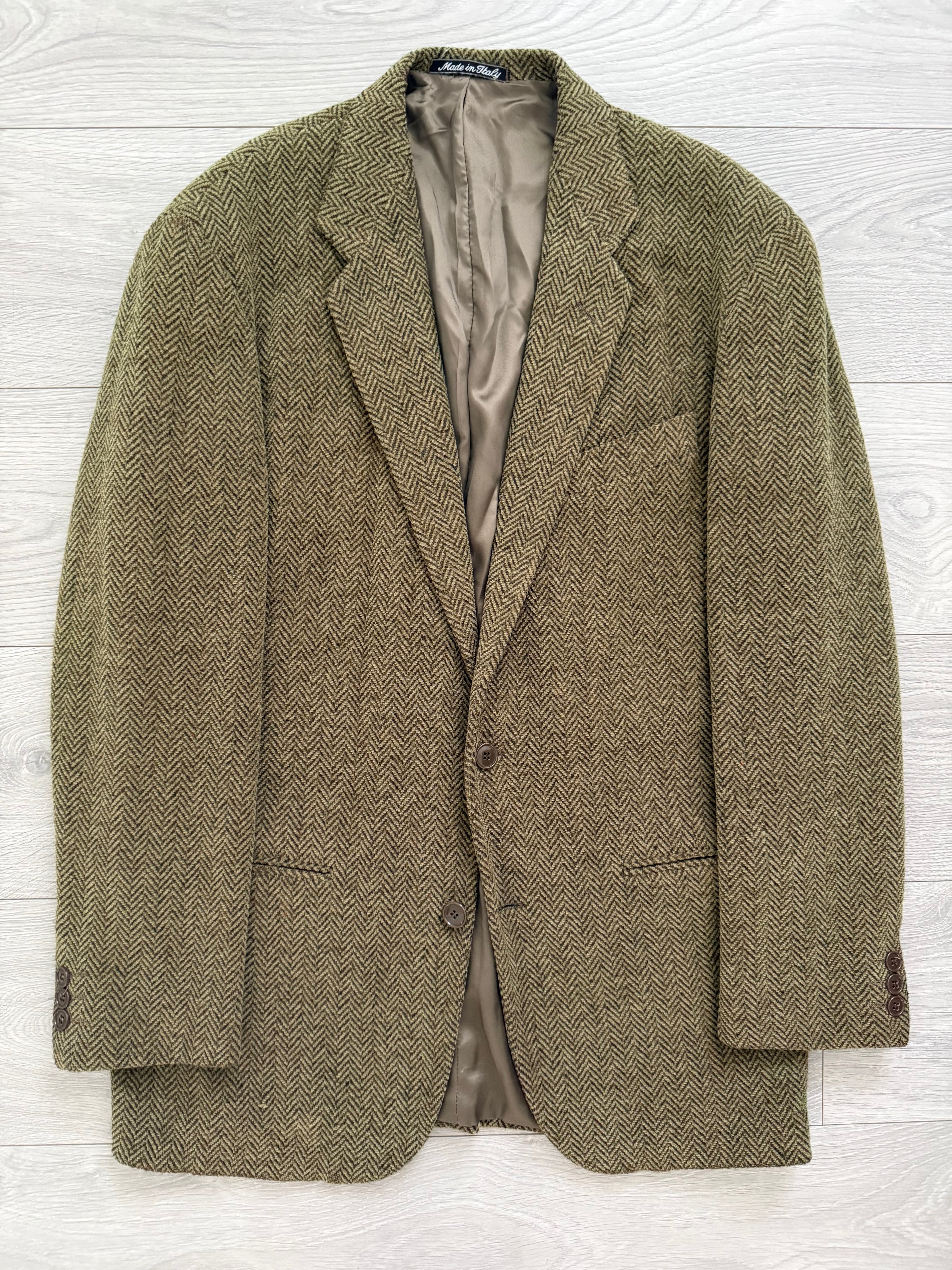 Emporio Armani 1990s 2B Herringbone Wool Textured Green Brown Sports Blazer Jacket - Size M
