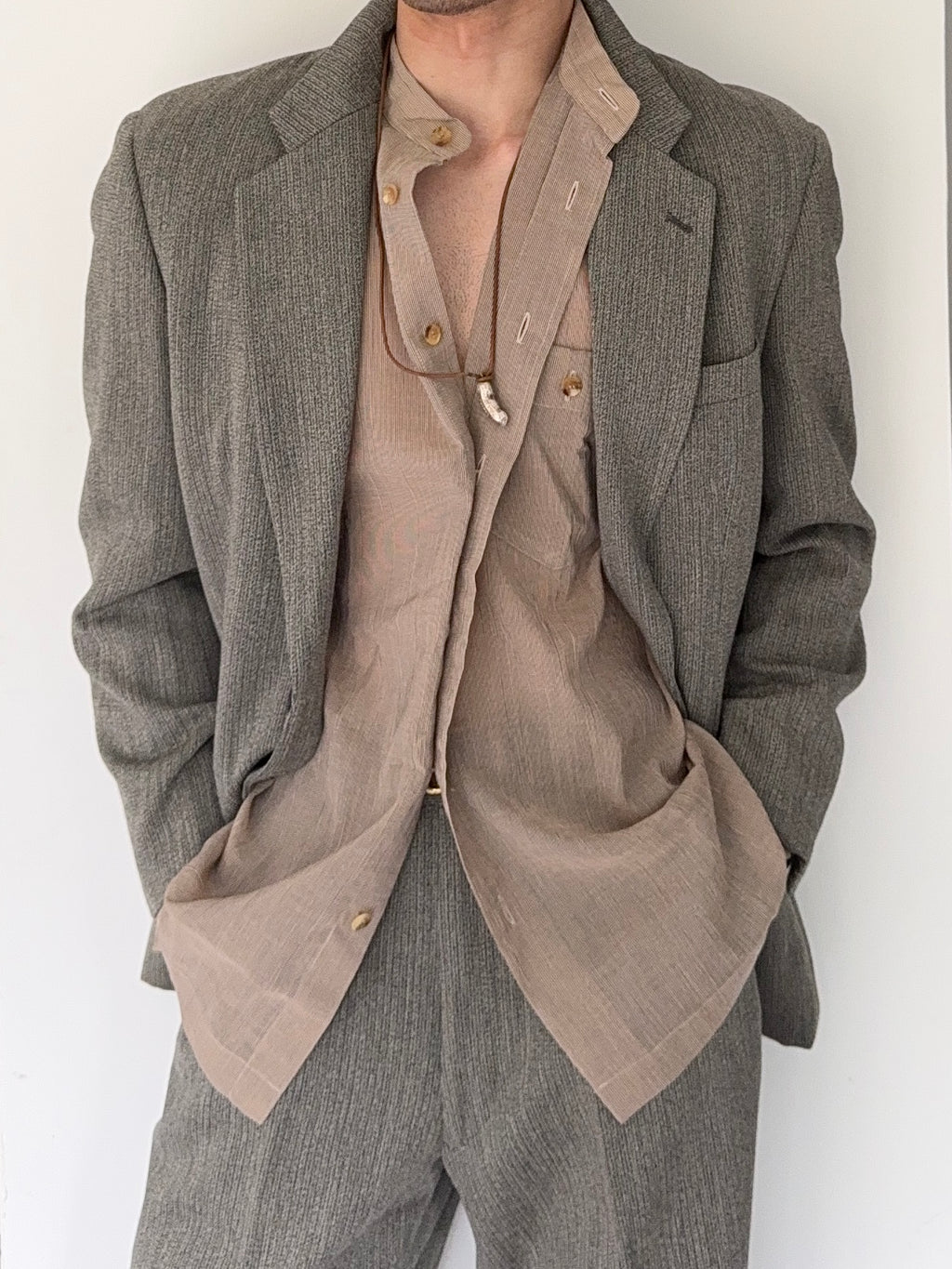 Issey Miyake 1990s Nehure Collar Taupe Relaxed Shirt - Size L