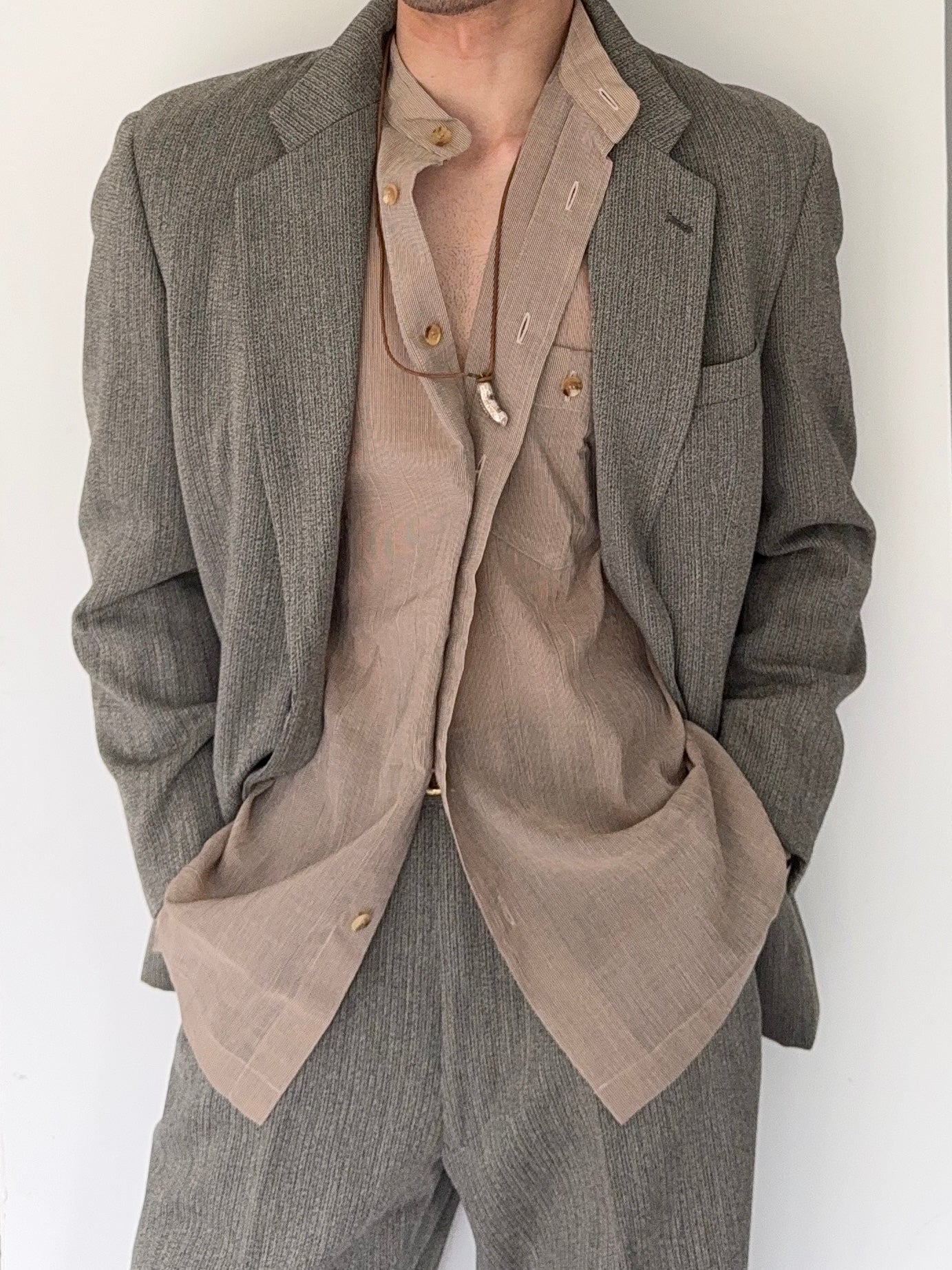 Issey Miyake 1990s Nehure Collar Taupe Relaxed Shirt - Size L
