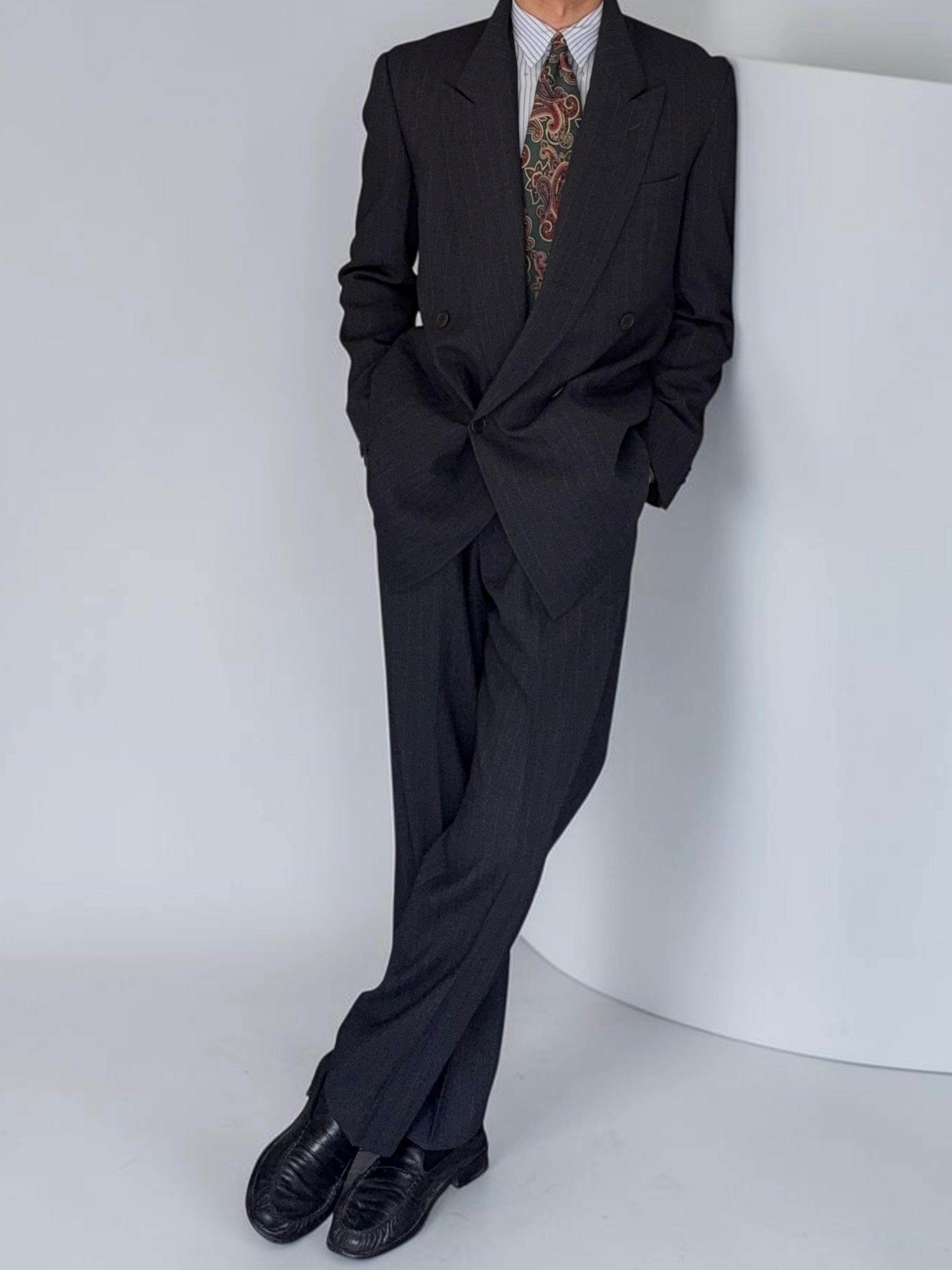 Giorgio Armani 1980s Peaked Lapel Double Breasted Pinstriped Grey