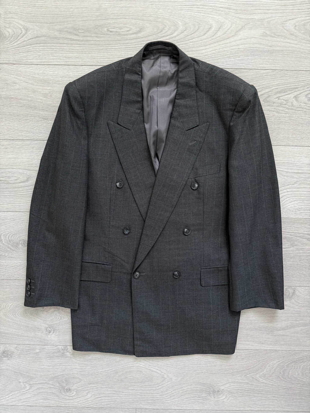 Yves Saint Laurent 1990s Double-Breasted Pleated Striped Grey Wool Suit - Size L Jacket / 32" Waist