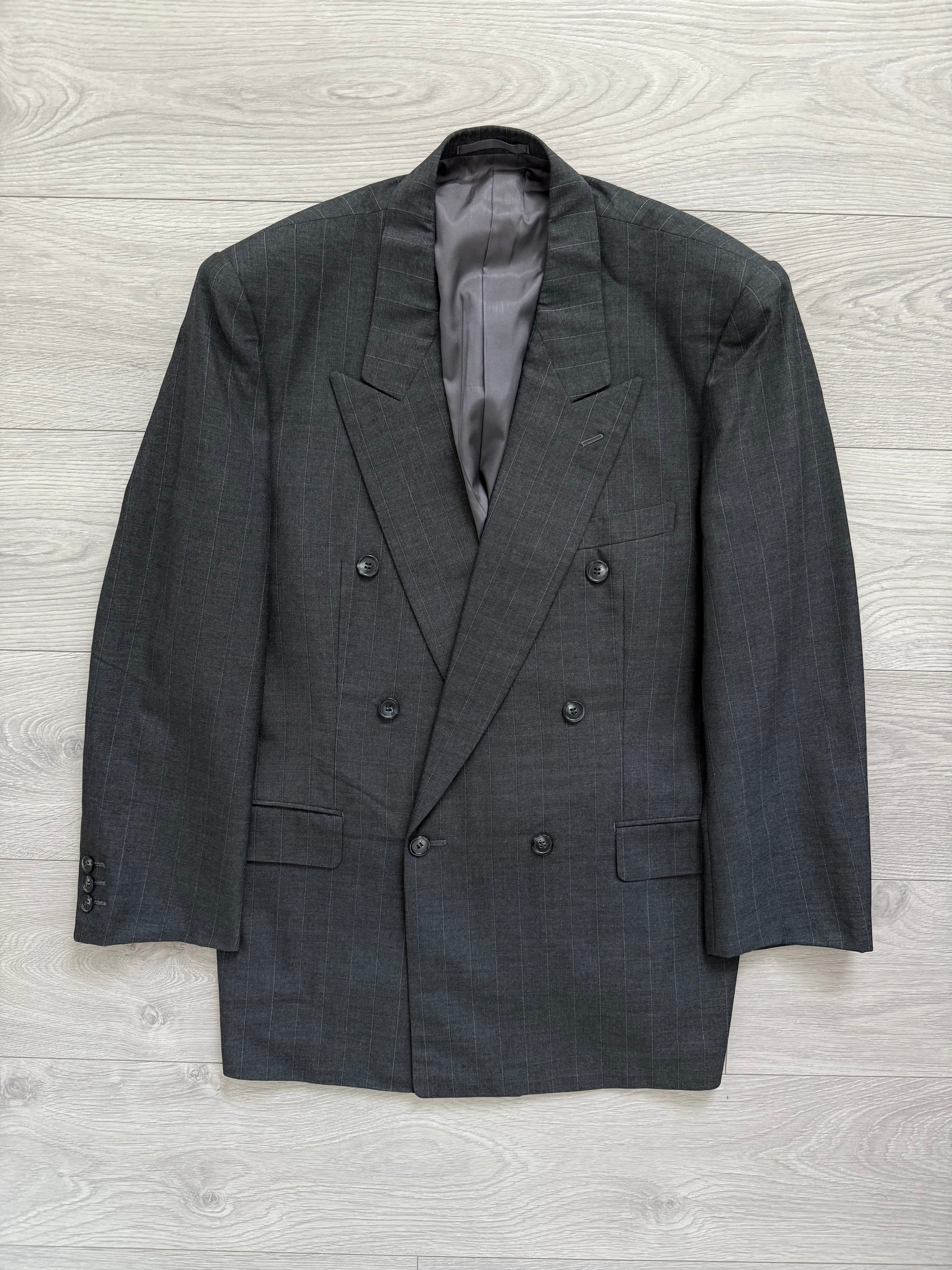Yves Saint Laurent 1990s Double-Breasted Pleated Striped Grey Wool Suit - Size L Jacket / 32" Waist