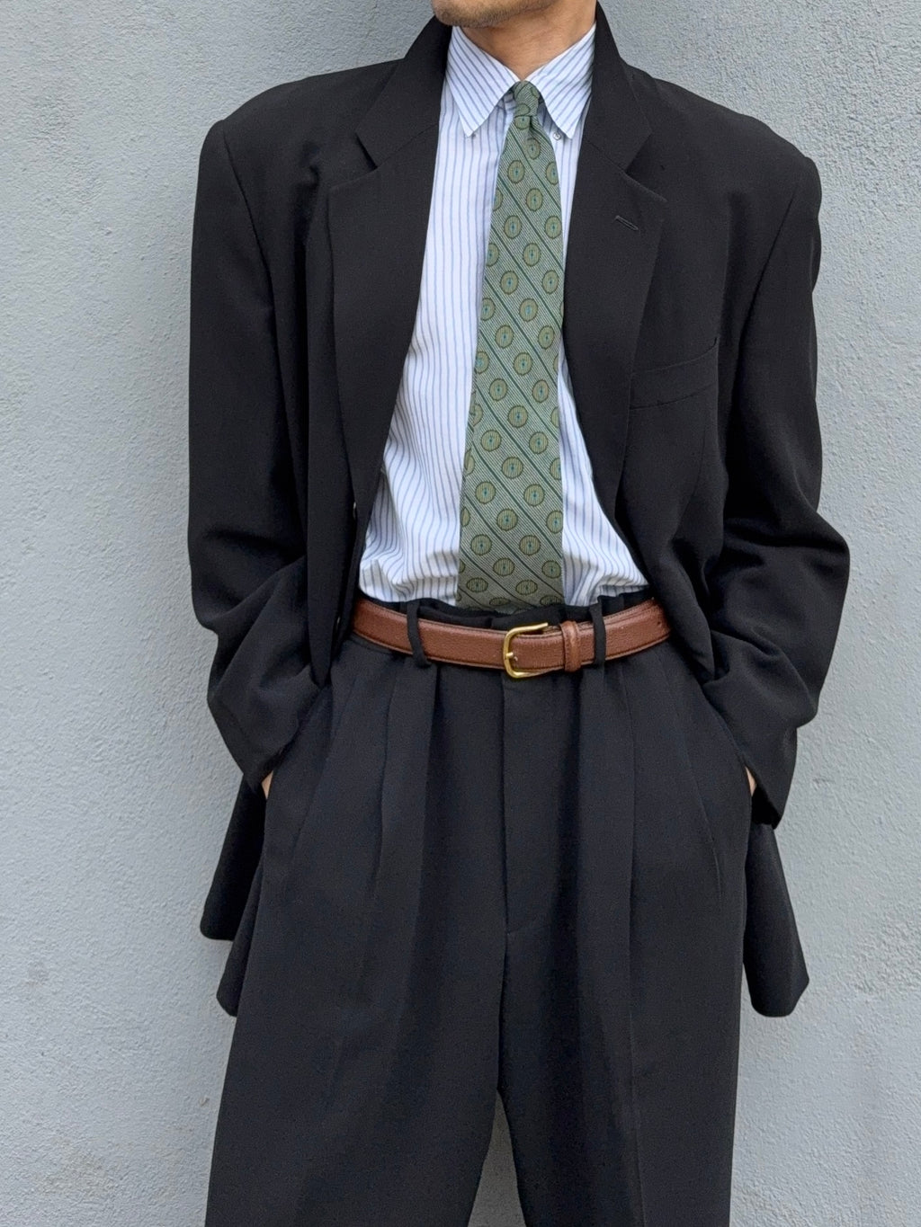 Giorgio Armani Black Label 1990s 3B Relaxed Draped Wool Suit Black - Size XL Jacket / 36" Waist