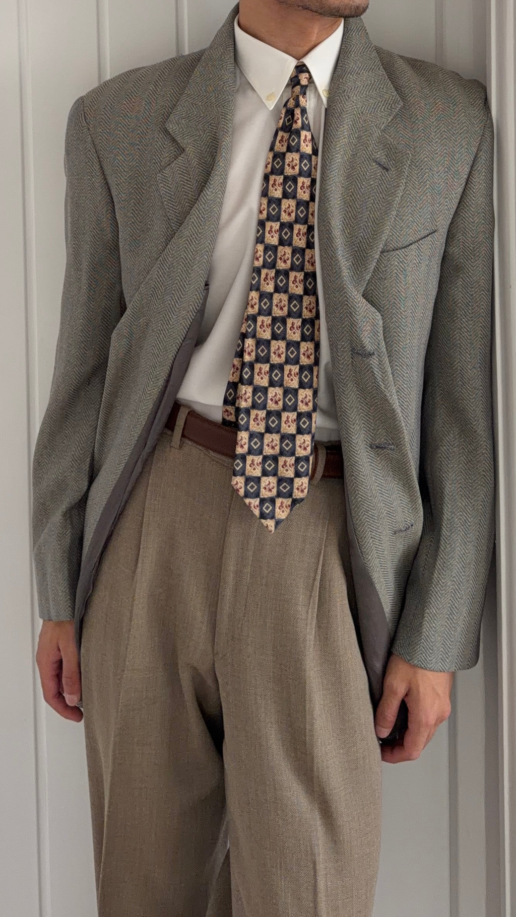Giorgio Armani 1980s Silk Wool 3B Herringbone Weave Draped Sport Jacket Blazer  - Size XL