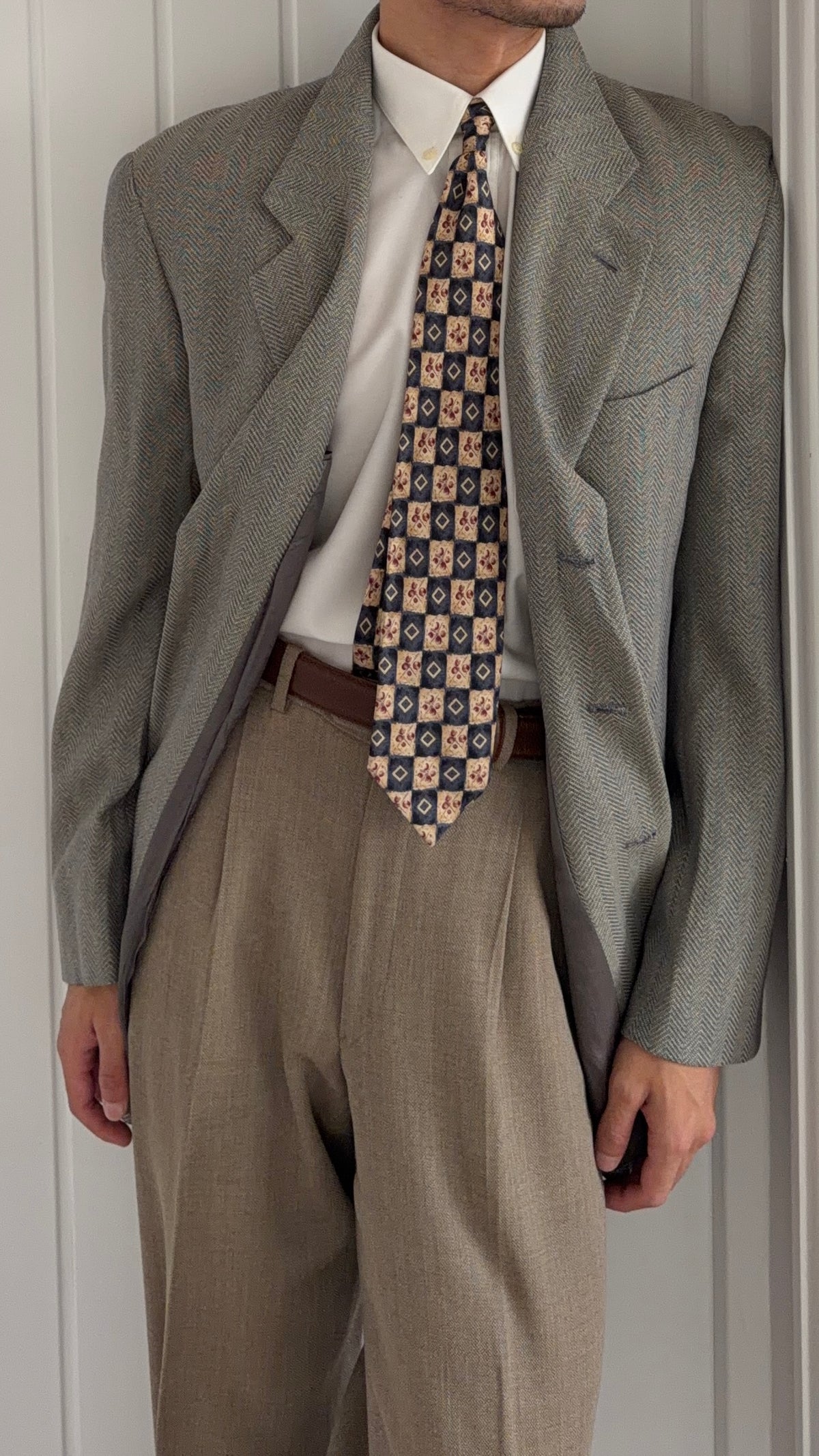 Giorgio Armani 1980s Silk Wool 3B Herringbone Weave Draped Sport Jacket Blazer  - Size XL