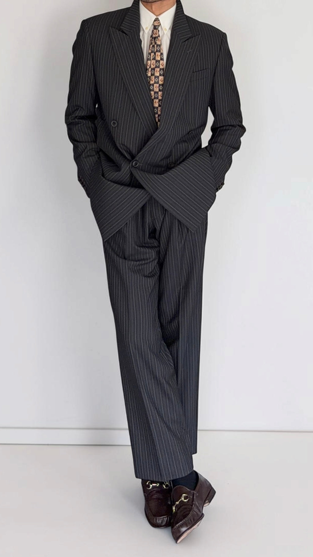 Armani 1990s Peaked Lapel Double Breasted Pleated Silk Wool Suit Striped Grey - Size L Jacket / 34" Waist