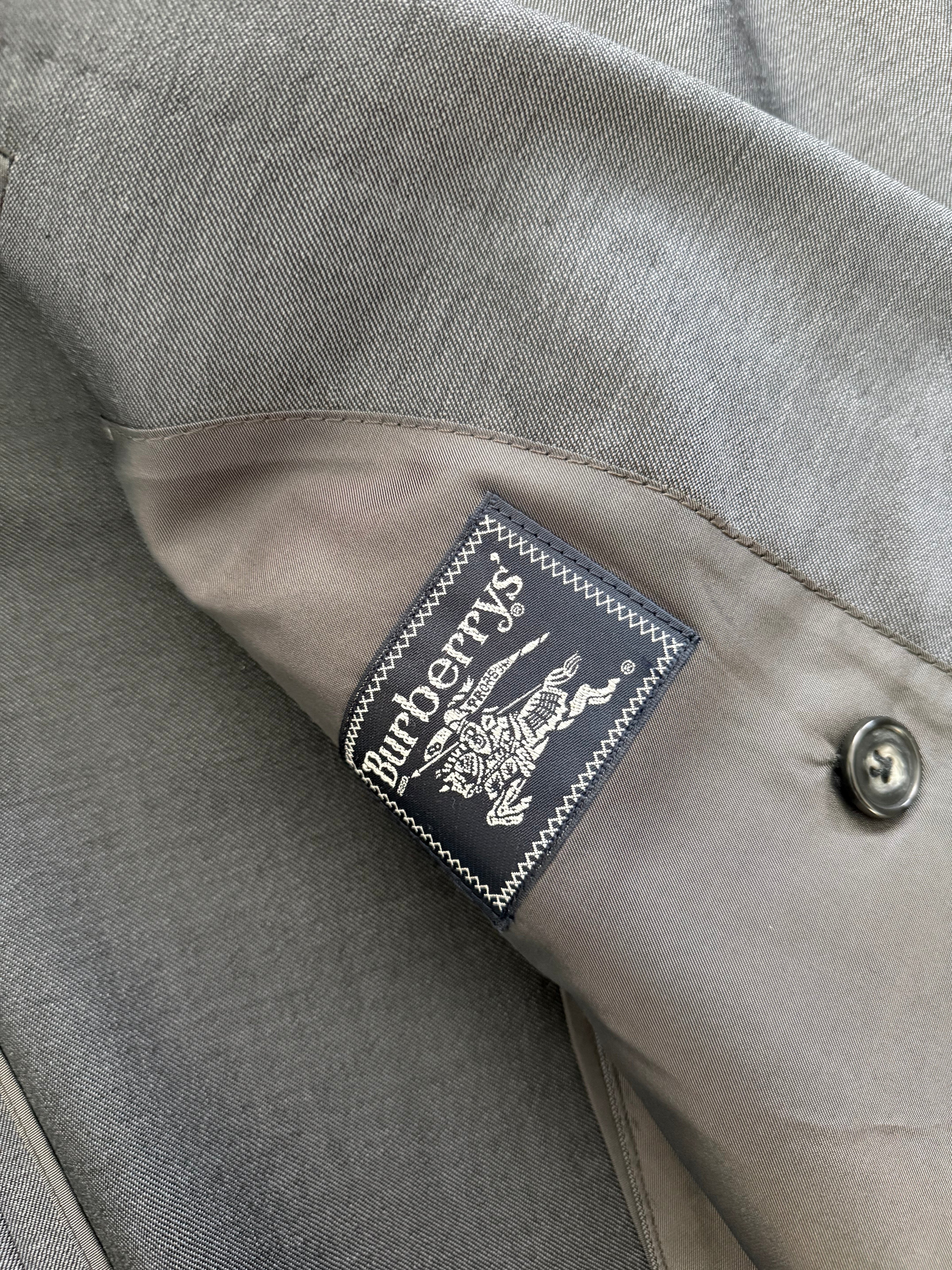Burberry 1980s Peaked Lapel Double Breasted Pleated Wool Mohair Grey Suit - Size S Jacket / 31" Waist