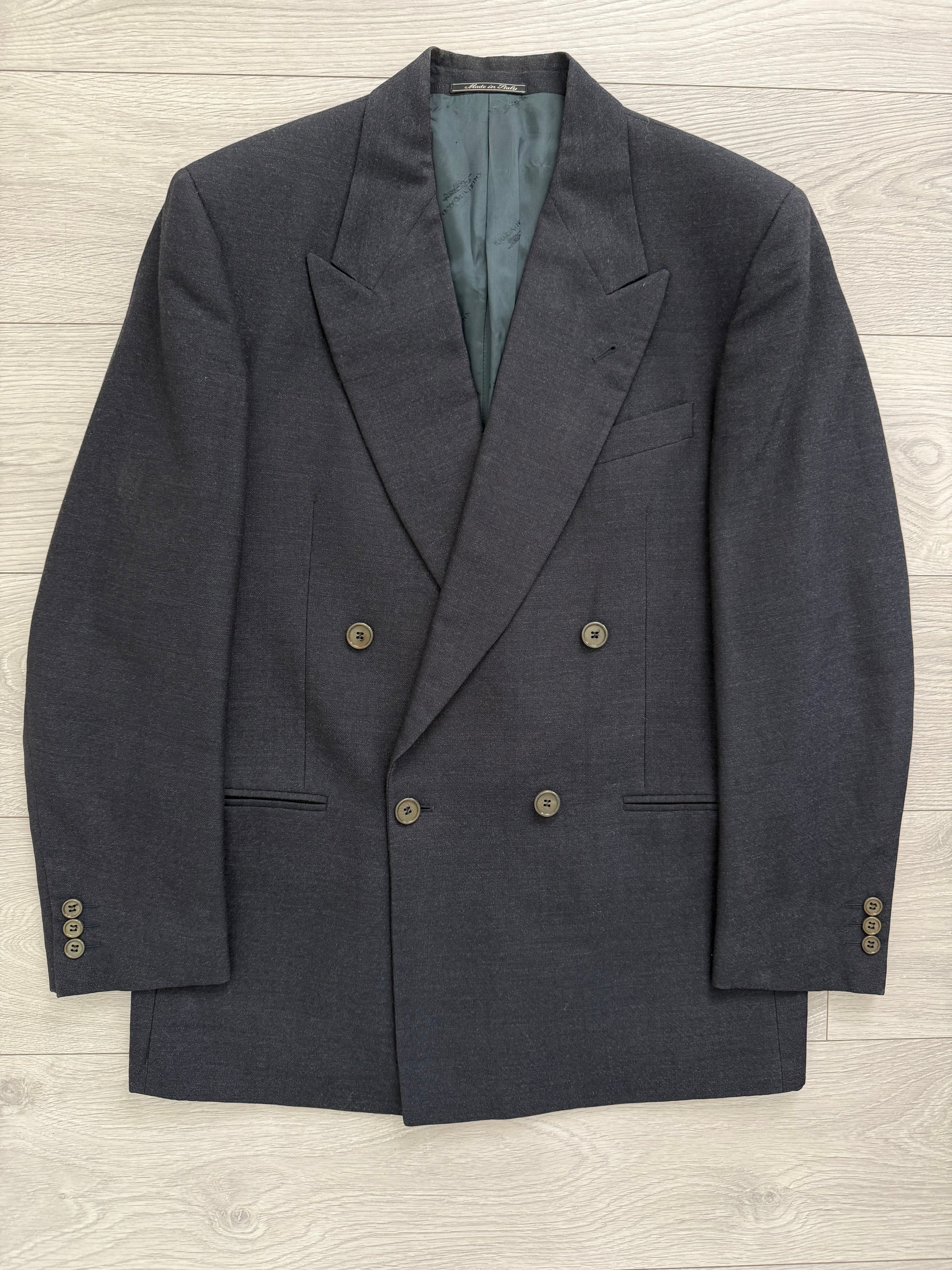 Krizia Armani 1990s Peaked Lapel Double Breasted Pleated Wool Suit Navy - Size M Jacket / 31" Waist