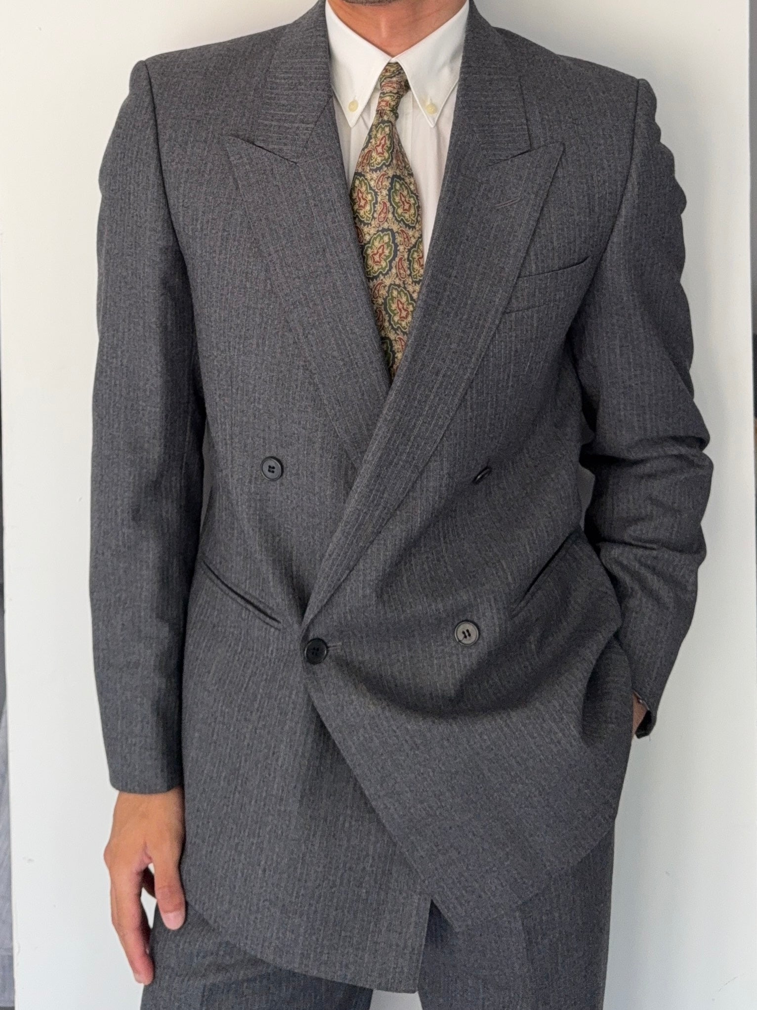 Vintage 1980s Peaked Lapel Double Breasted Pleated Wool Suit Grey Made in England - Size S Jacket / 30" Waist