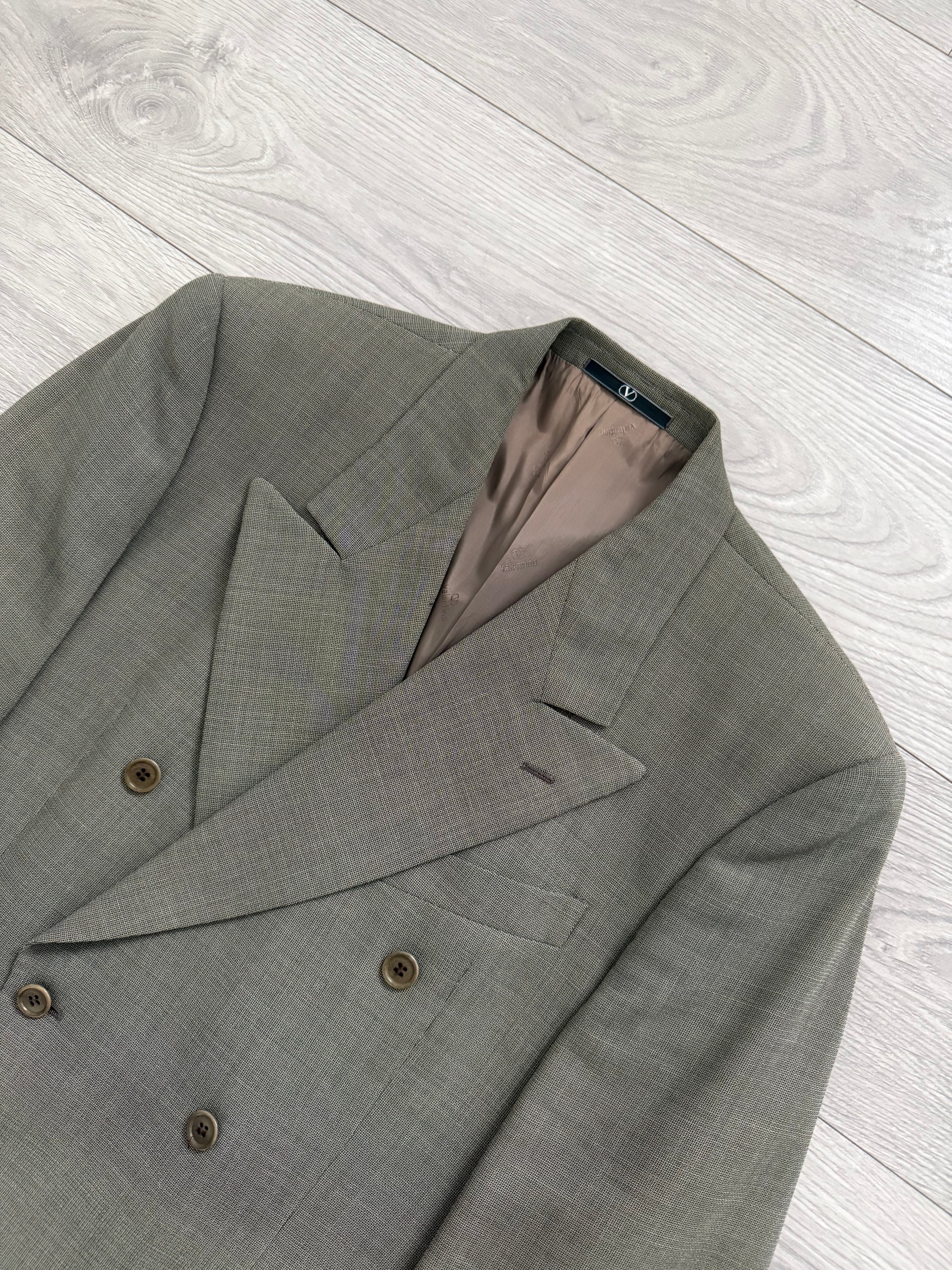 Valentino 1980s 6B Double Breasted Wool Power Suit in Taupe Olive - Size M Jacket / 32" Waist