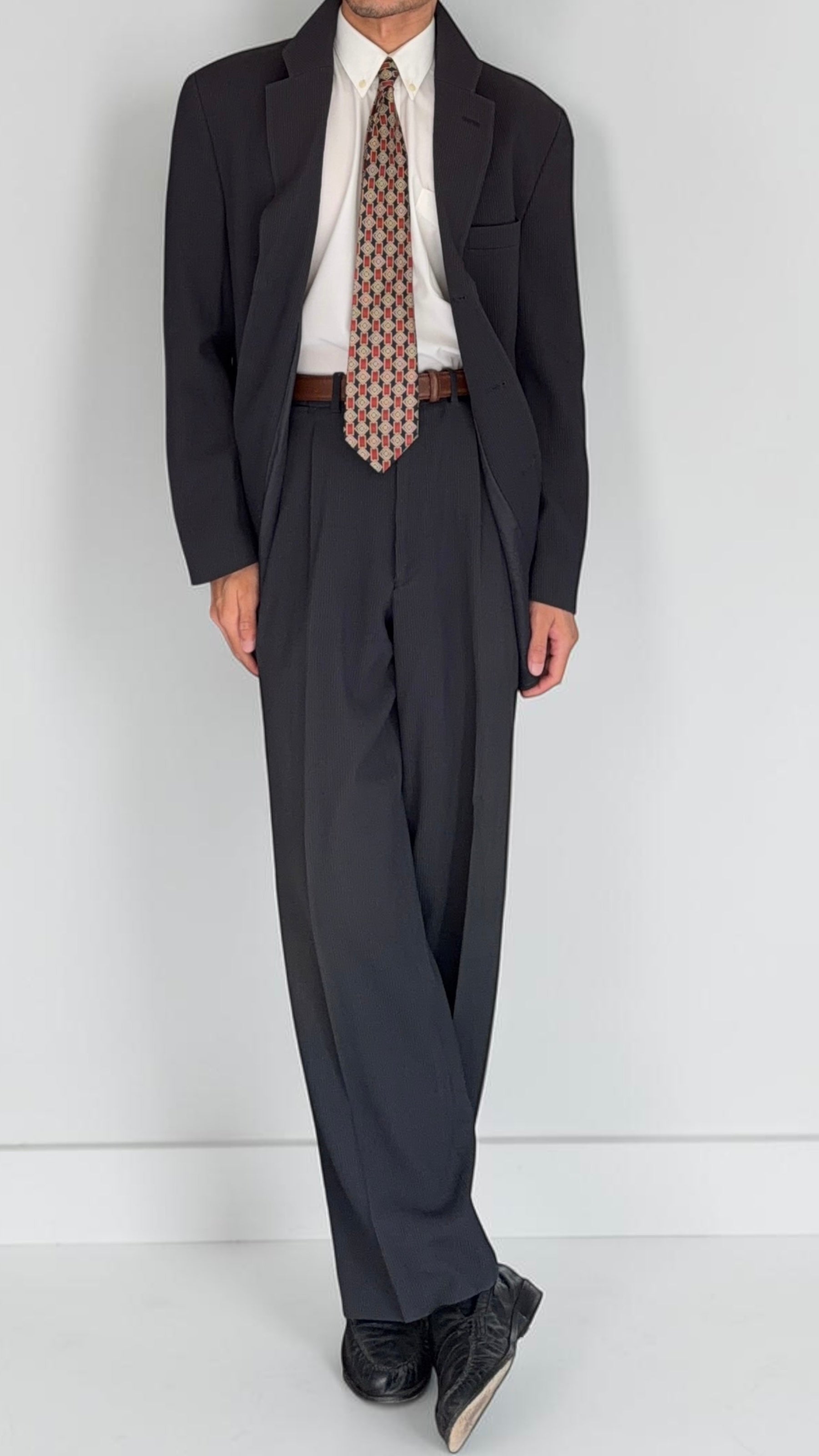 Emporio Armani 1990s 3B Double Pleat Ribbed Weave Draped Wool Suit - Size L Jacket / 34" Waist