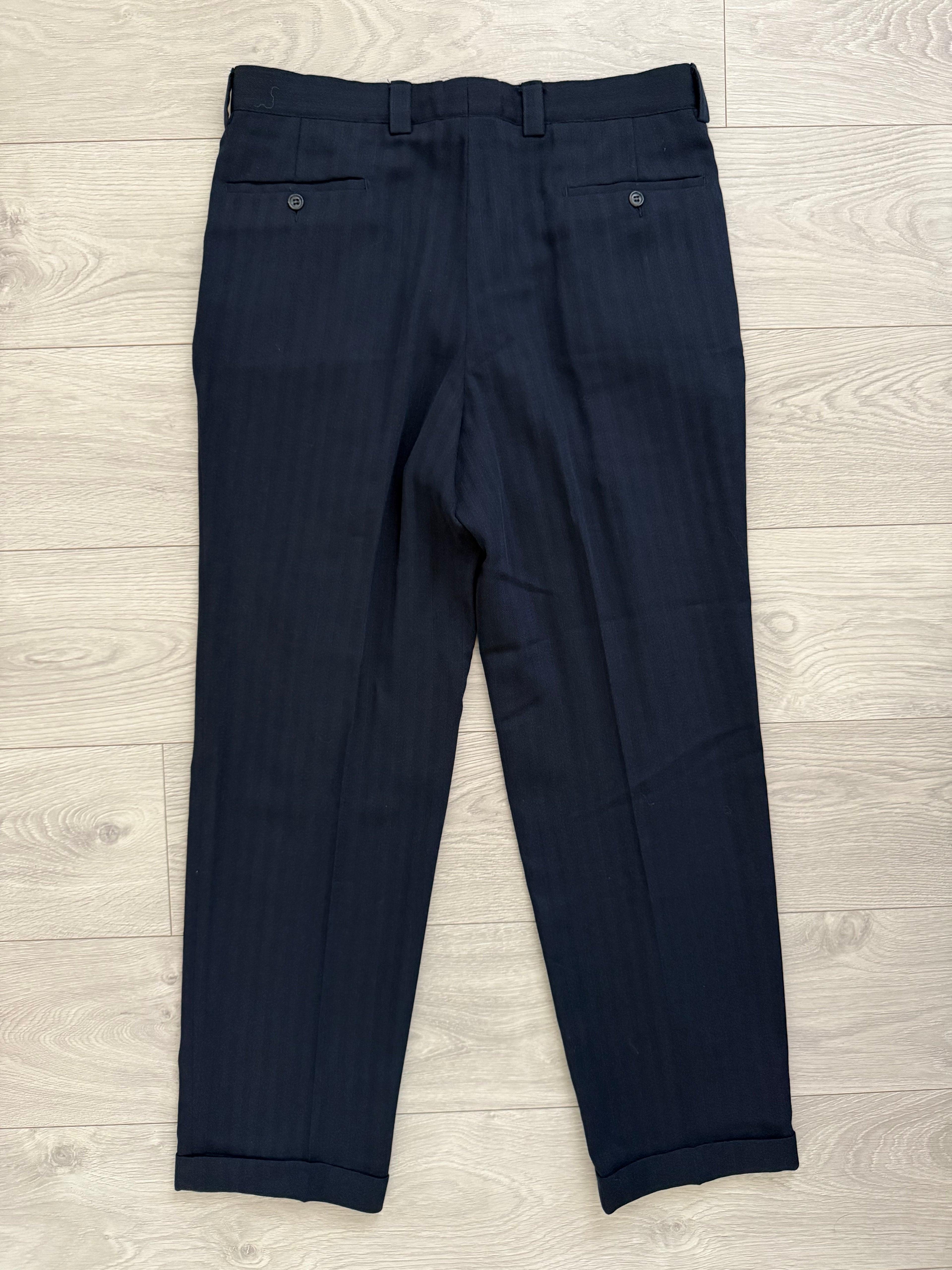 Versace 1980s 2B Double Pleat Herringbone Wool Navy Suit - Size XL Jacket / 36" Waist