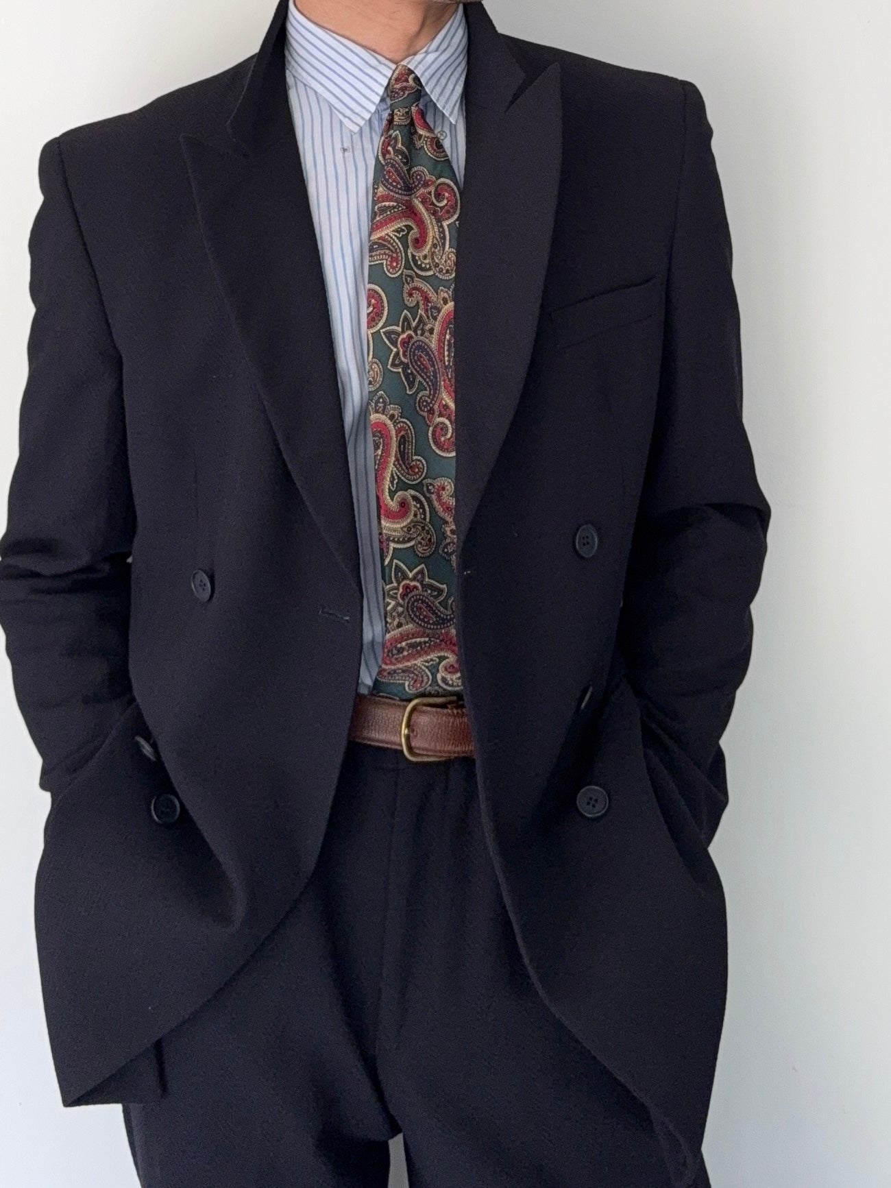 Emporio Armani 1990s 6B Peaked Lapel Double Breasted Herringbone Wool Suit Navy - Size S Jacket / 30" Waist