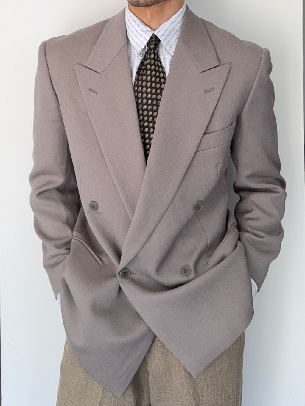 Emporio Armani 1990s Peaked Lapel Double Breasted Taupe Sports Jacket Blazer - Size S