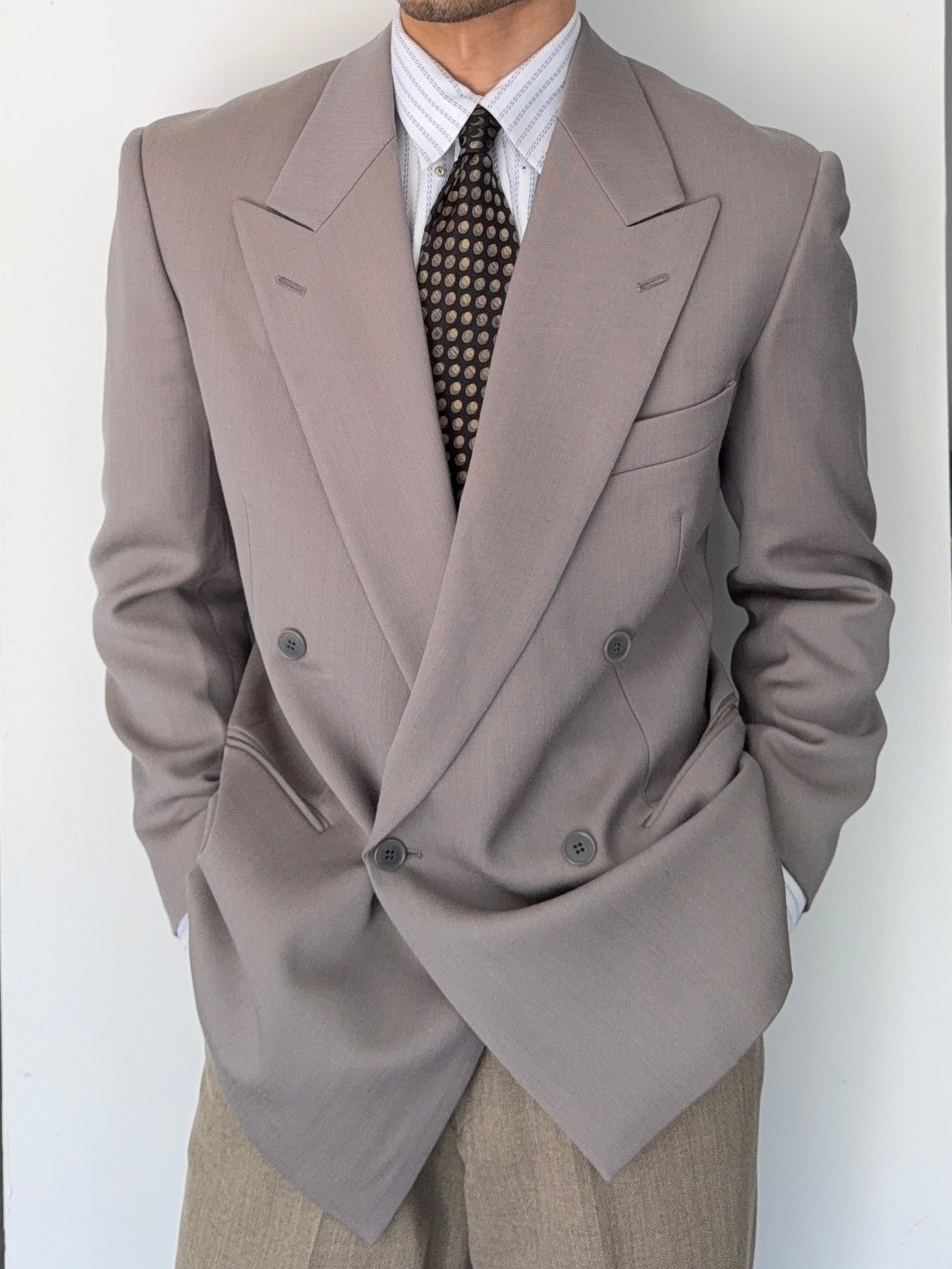 Emporio Armani 1990s Peaked Lapel Double Breasted Taupe Sports Jacket Blazer - Size S