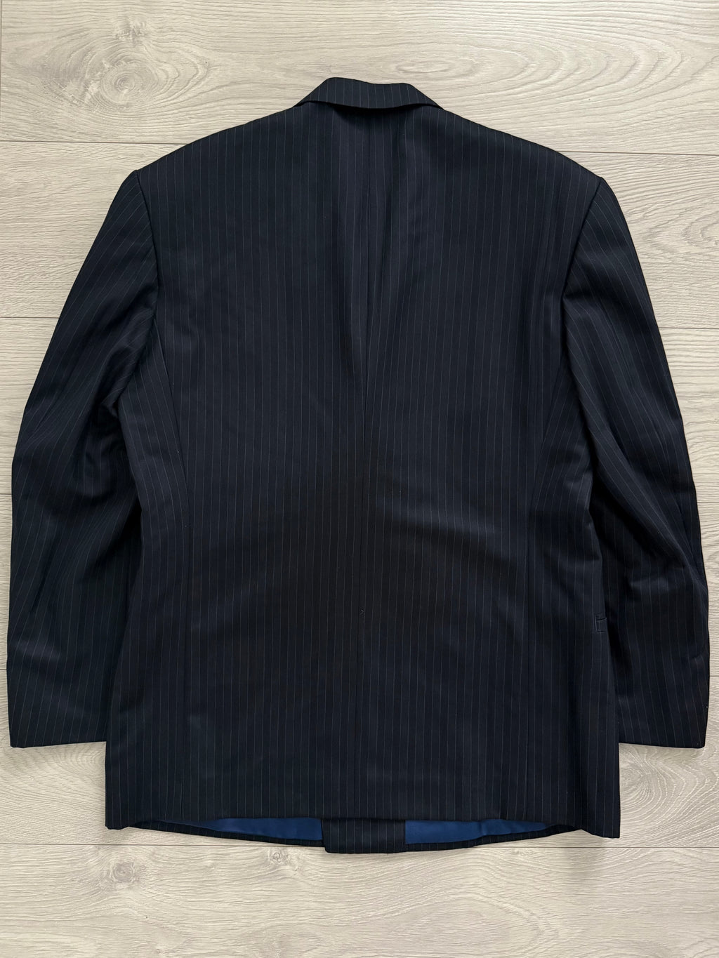 Yves Saint Laurent 1990s Double Breasted Pleated Striped Wool Navy Suit - Size M Jacket / 30" Waist