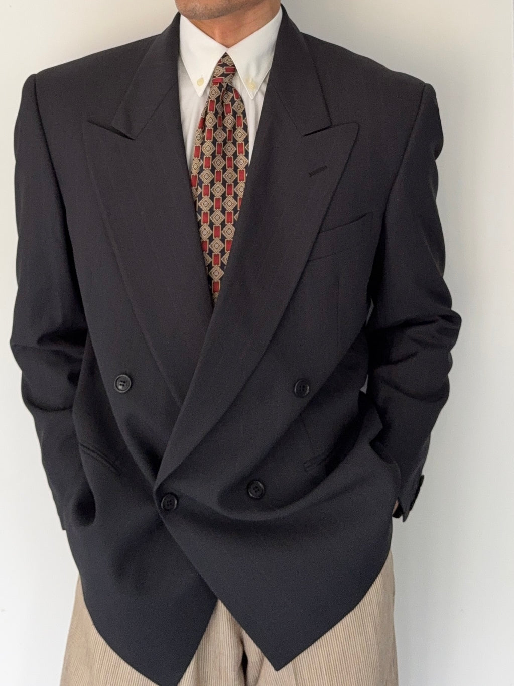Valentino 1980s Peaked Lapel Double Breasted Grey Sport Jacket Blazer - Size L