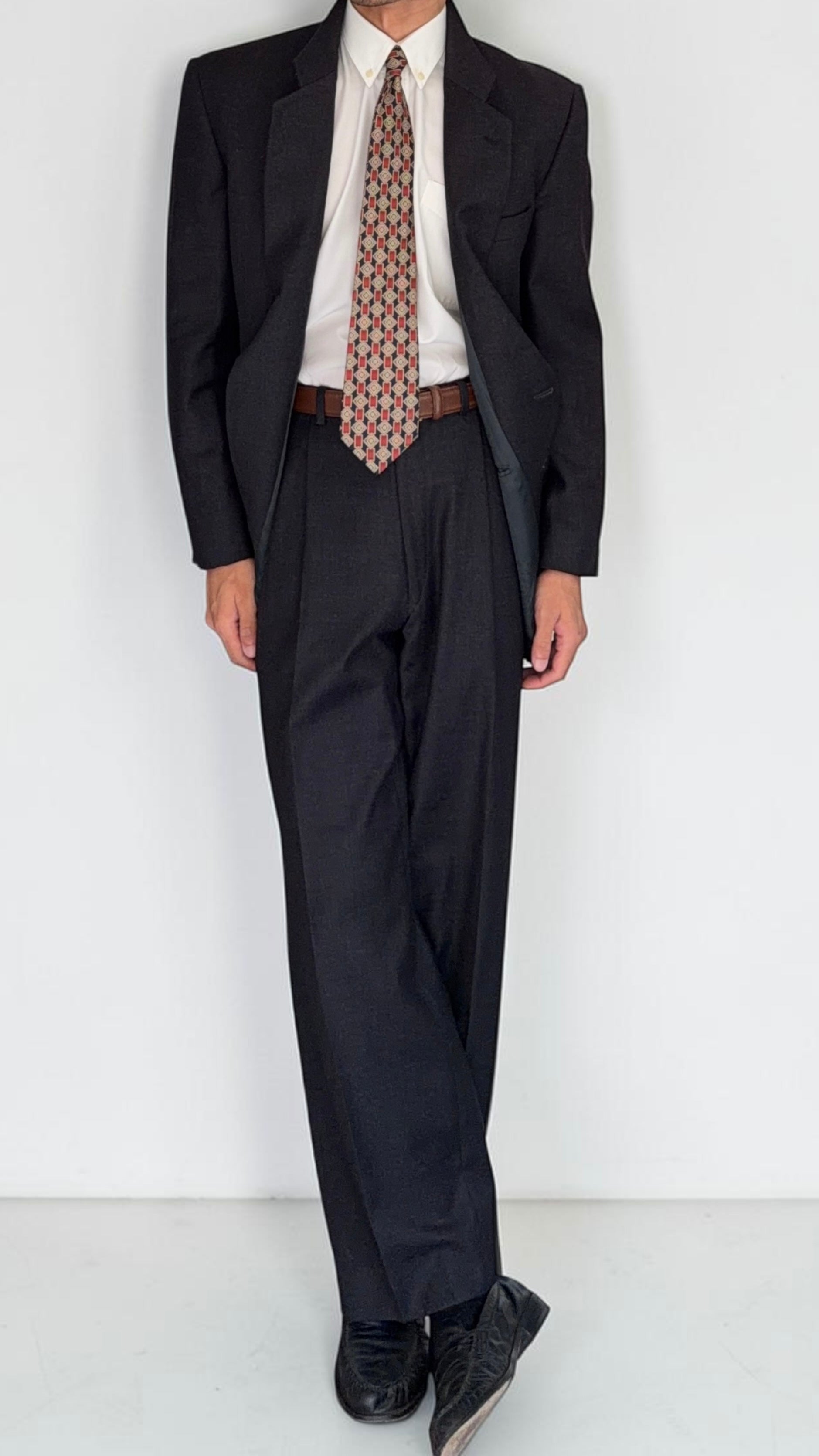 Giorgio Armani Mainline 1980s 2B Double Pleat Wool Charcoal Grey Suit - Size S Jacket / 30" Waist