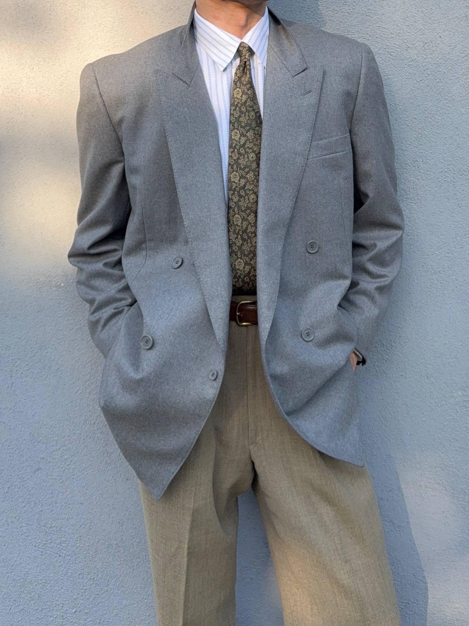 Yves Saint Laurent 1980s Double Breasted Peaked Lapel Wool Blazer Jacket Grey - Size XL