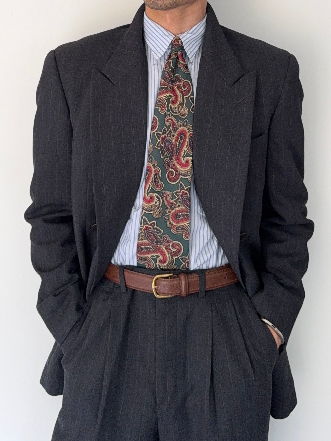 Giorgio Armani 1980s Peaked Lapel Double Breasted Pinstriped Grey