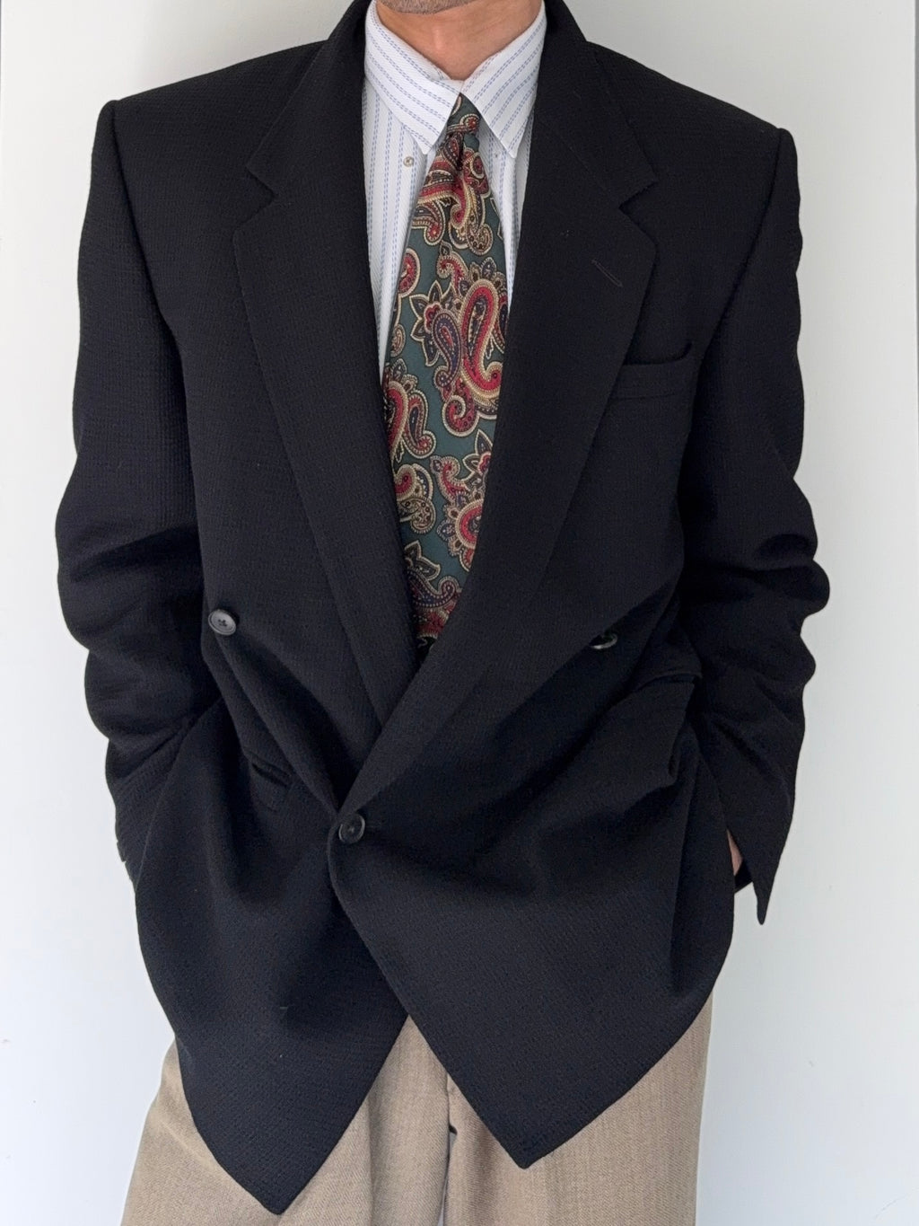 Versace 1980s Double Breasted Notch Lapel Textured Wool Sports Blazer Jacket Black - Size M