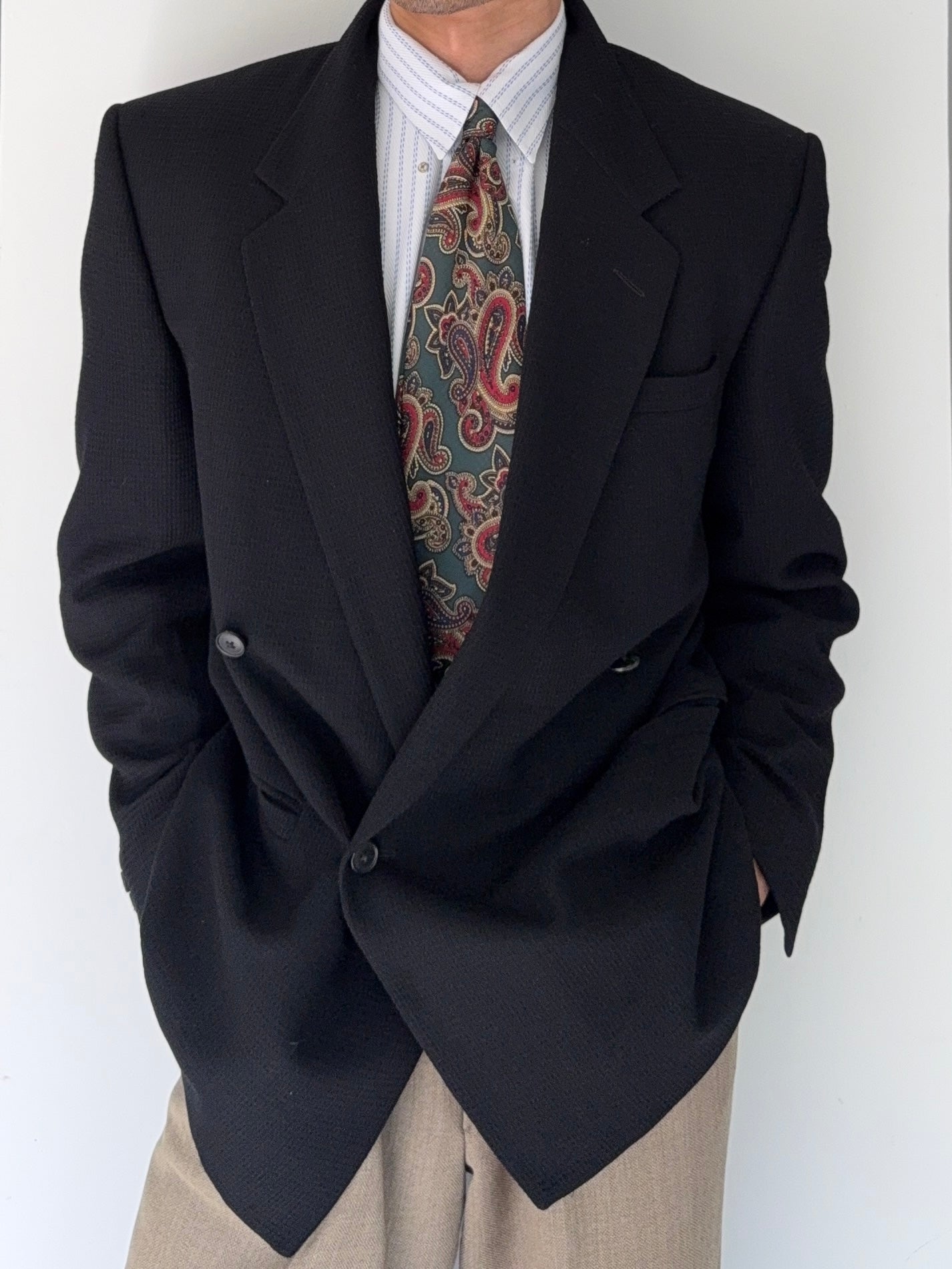 Versace 1980s Double Breasted Notch Lapel Textured Wool Sports Blazer Jacket Black - Size M
