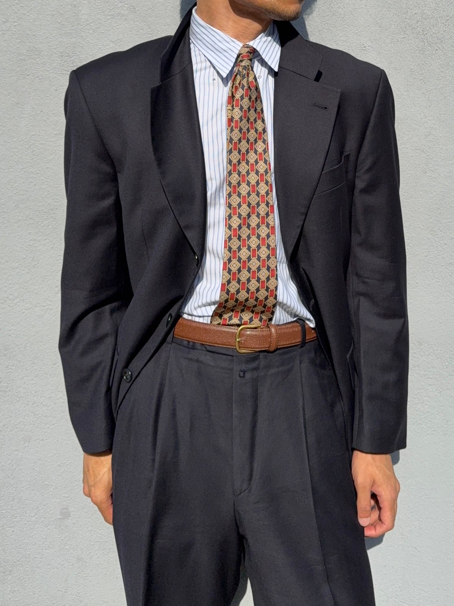 Hugo Boss 1980s 'Posseiden' 3B Super 100s Navy Wool Pleated Suit - Size M Jacket / 31" Waist