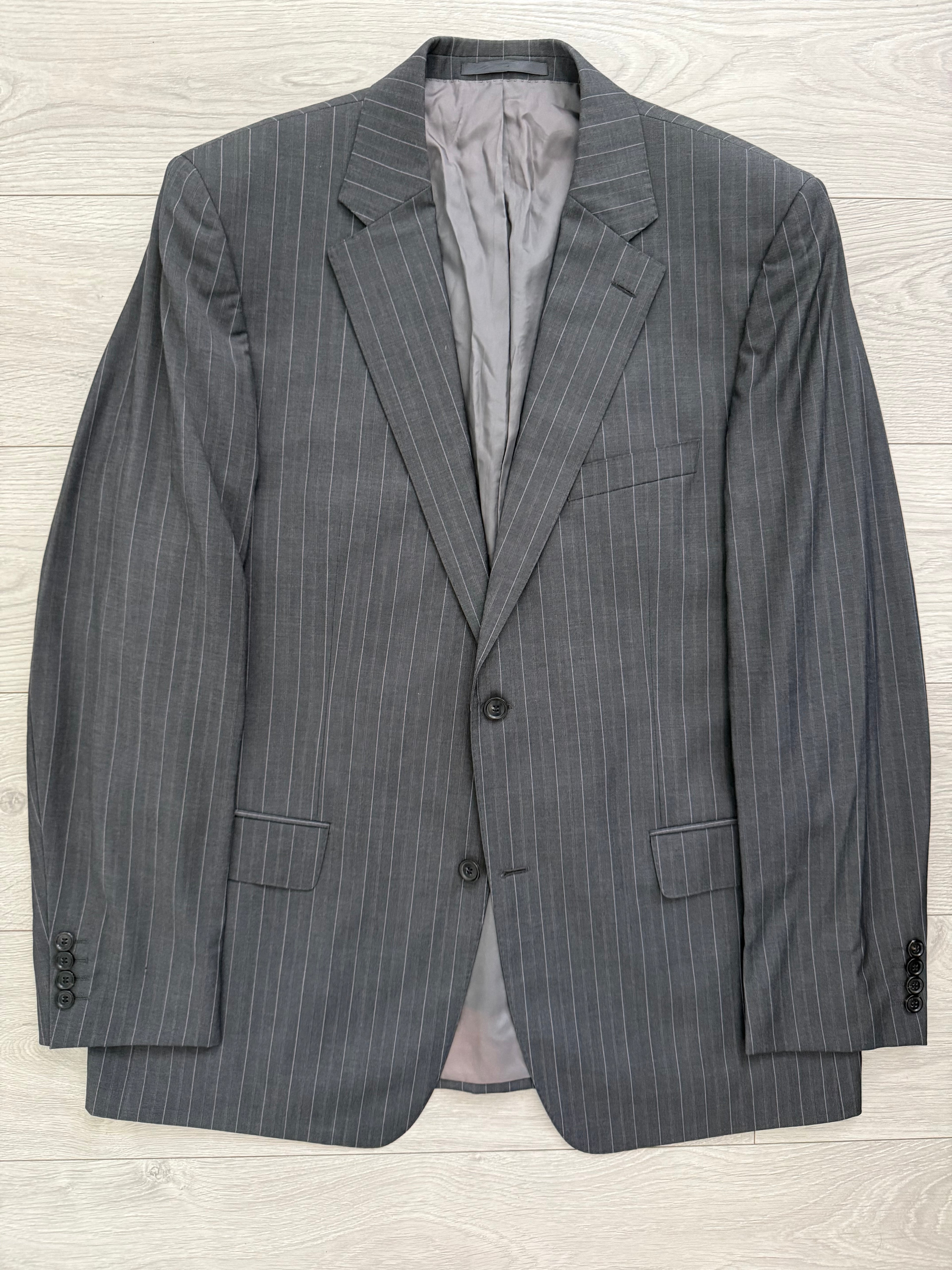 Hugo Boss 1990s 'Reno' Pinstriped 2B Lightweight Wool Grey Suit - Size XXL Jacket / 38" Waist