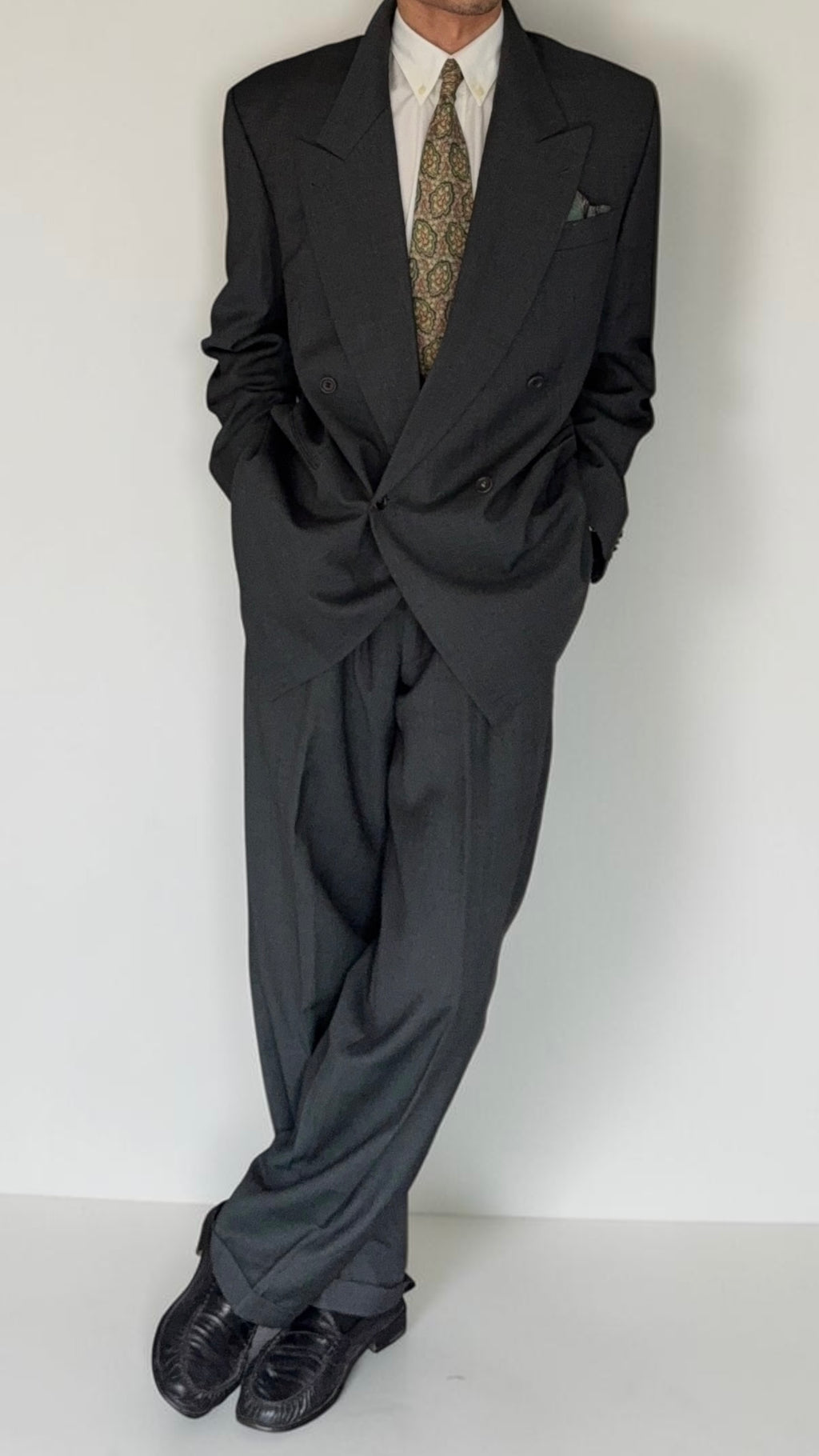 Hugo Boss 1980s Peaked Lapel Double Breasted Pleated Wool Suit Dark Green - Size XL Jacket / 36" Waist