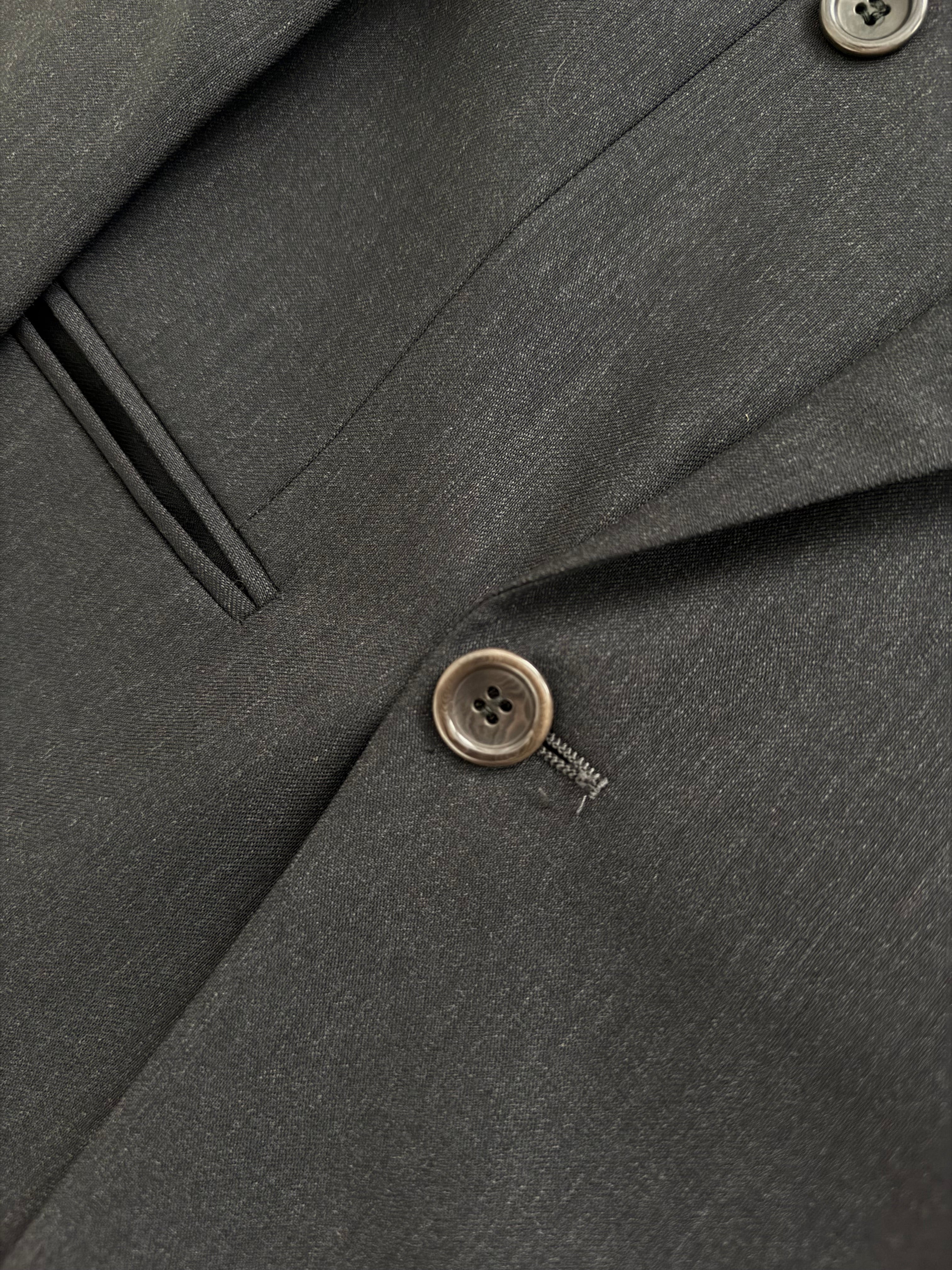 Armani 1990s Peaked Lapel Double Breasted Pleated Wool Suit Charcoal Grey - Size L Jacket / 33" Waist
