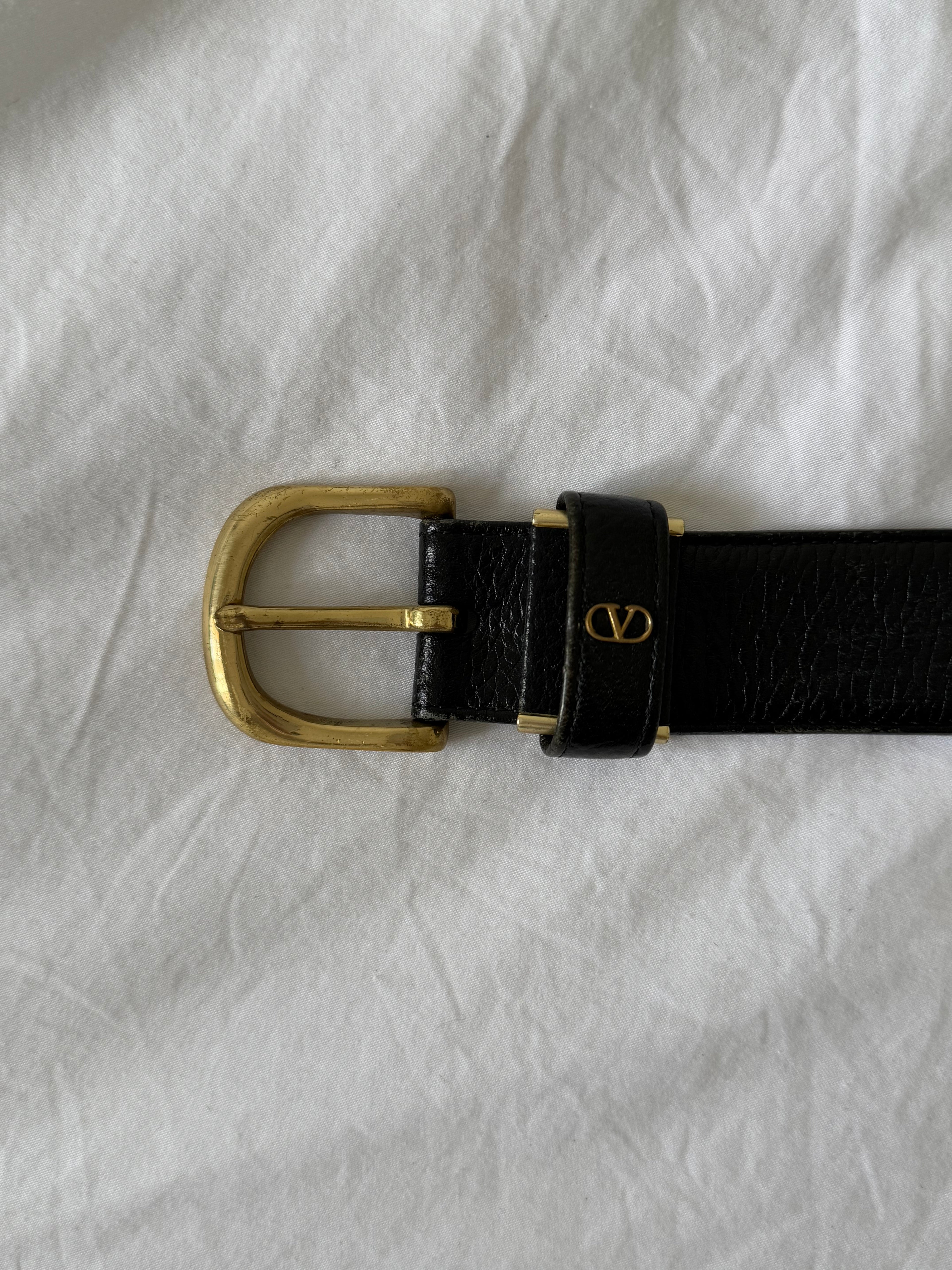 Valentino 1980s Gold Buckle Black Leather Belt - Size 30" to 34" Waist