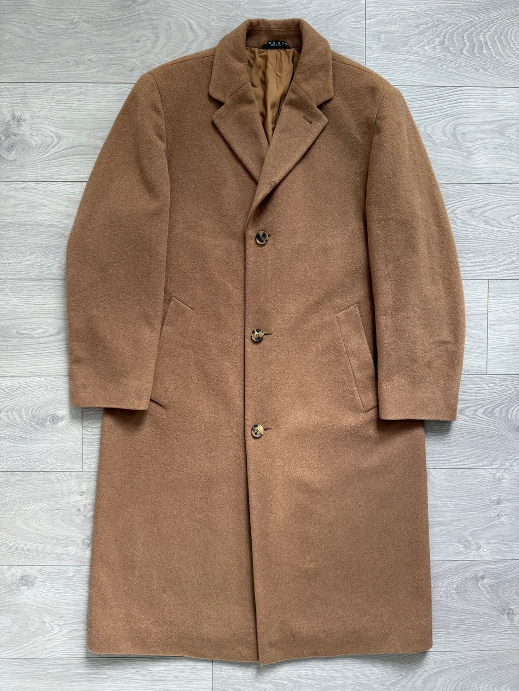 Hugo Boss 1980s Camel Brown Long Wool Overcoat Made in Italy - Size L
