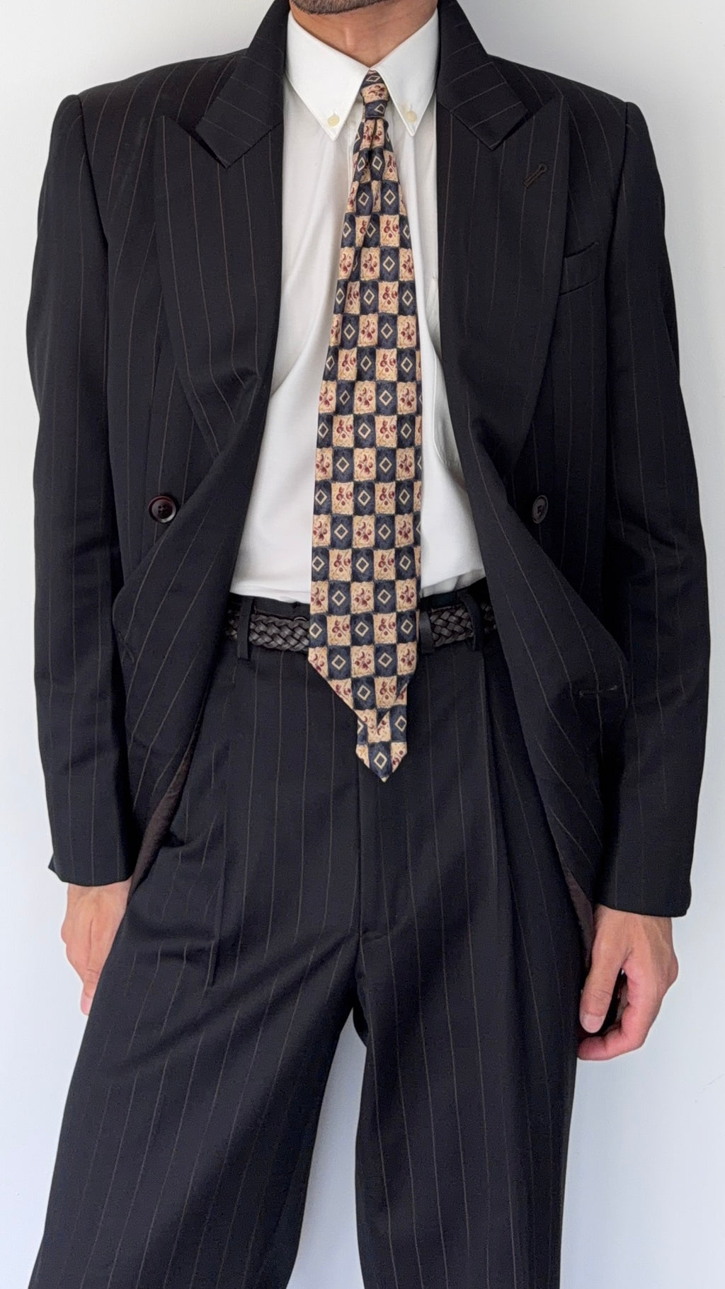 Armani 1990s Peaked Lapel Double Breasted Pleated Wool Suit Espresso Black - Size M Jacket / 32" Waist