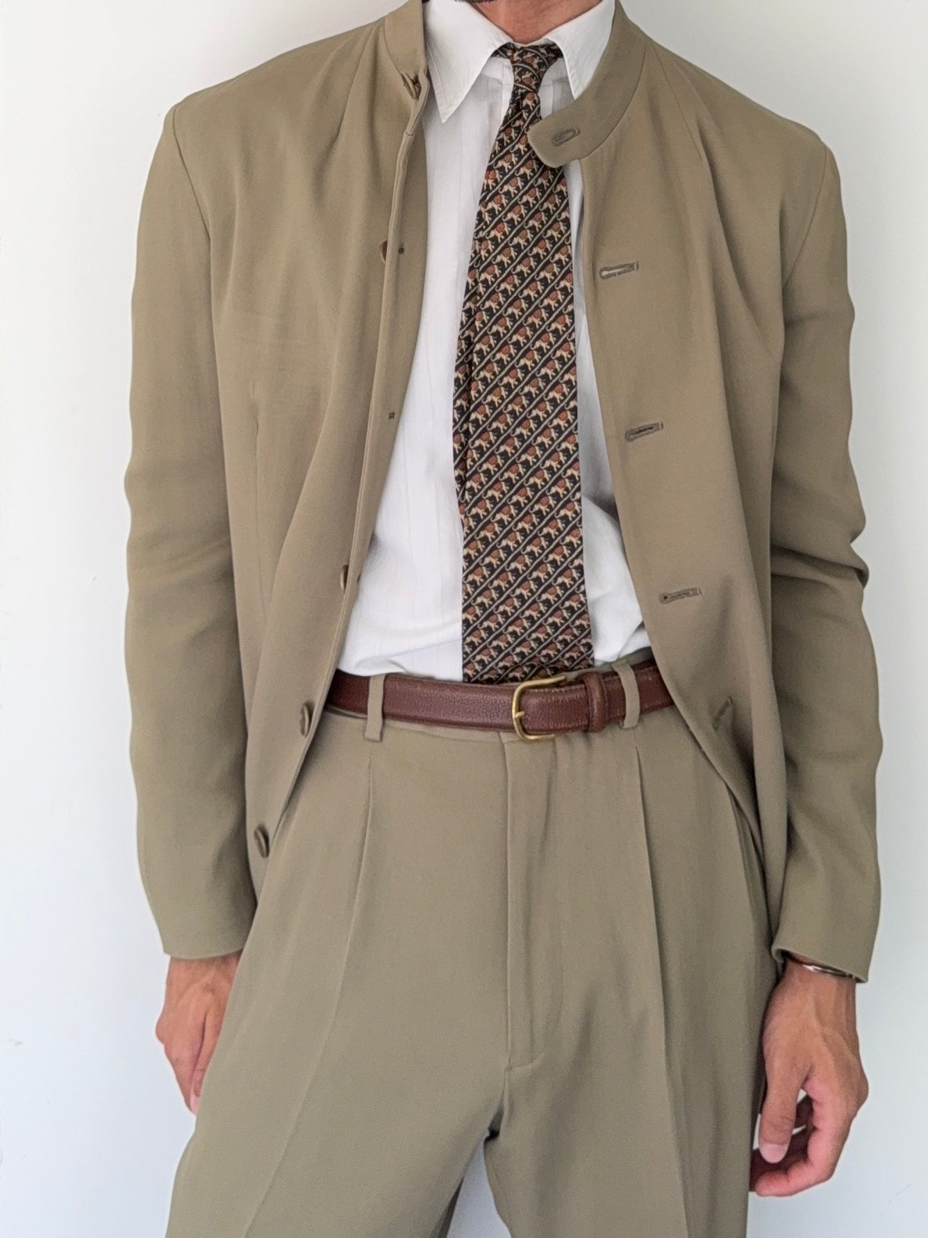 Emporio Armani AW1995 Nehru Collar Draped Khaki Taupe Suit - Size S Jacket / 30" Waist