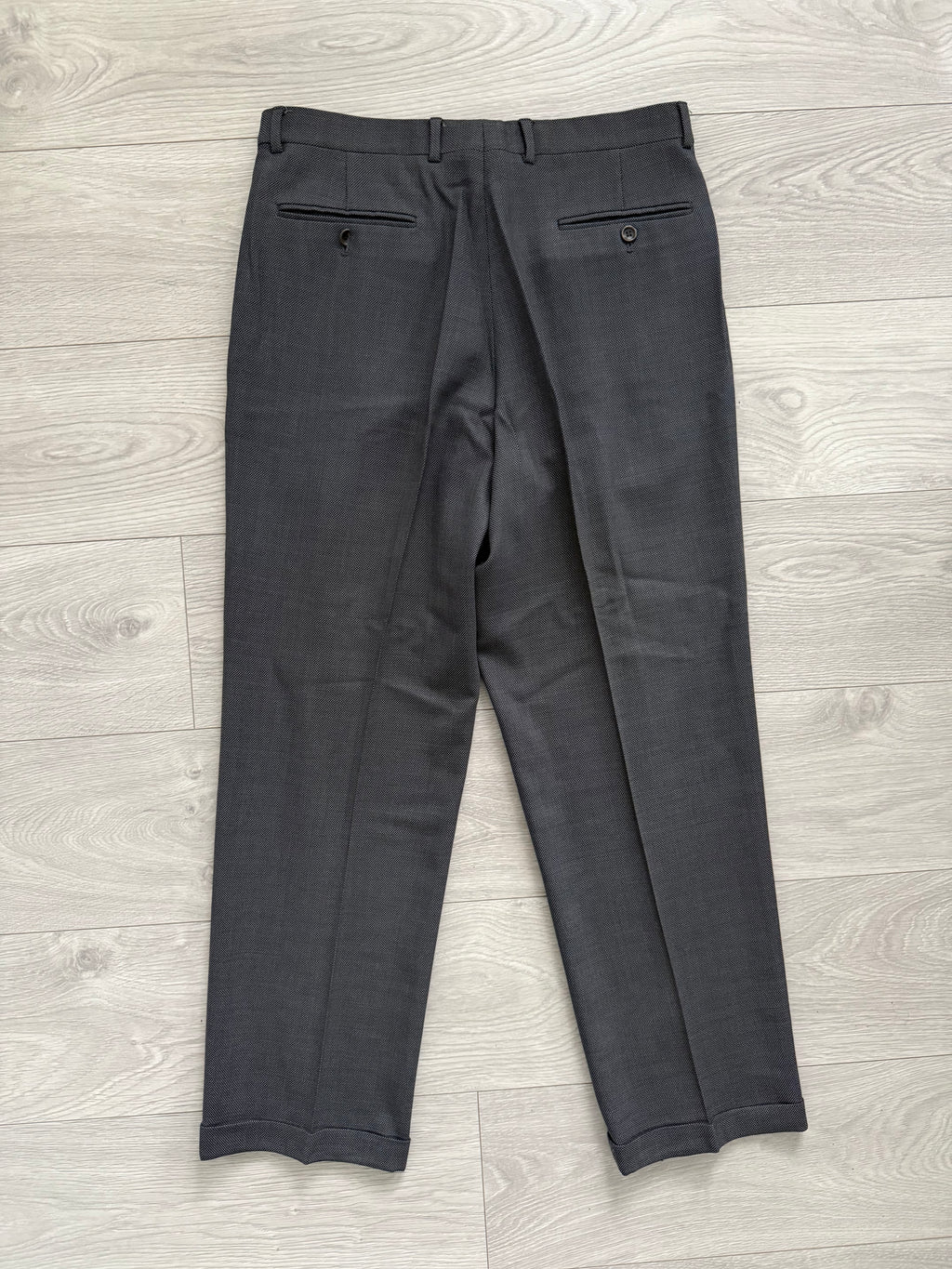 Armani 1990s Peaked Lapel Double Breasted Pleated Wool Grey Suit - Size L Jacket / 34" Waist