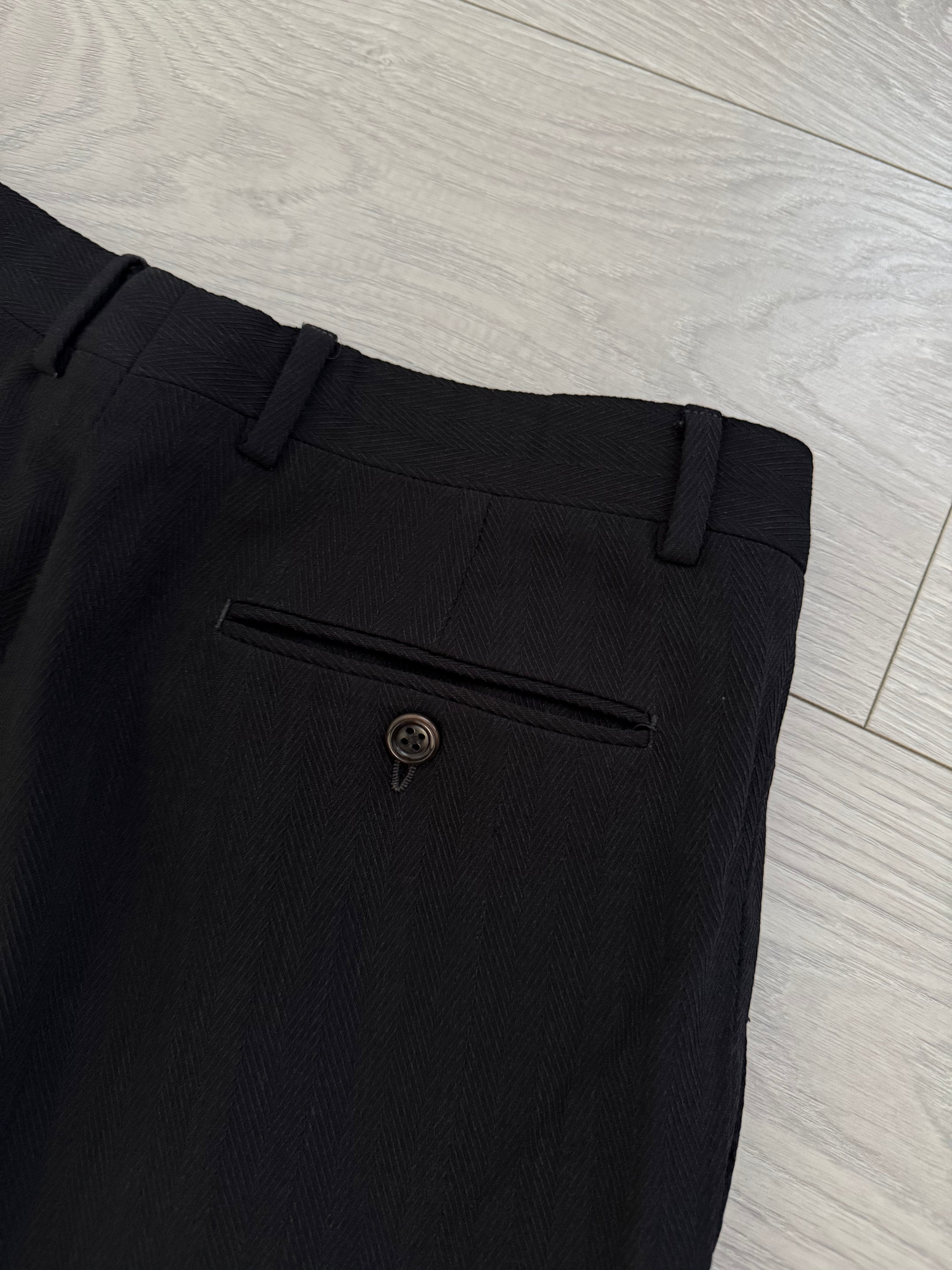 Armani 1990s 2B Textured Herringbone Wool Pleated Black Suit - Size S Jacket / 30" Waist